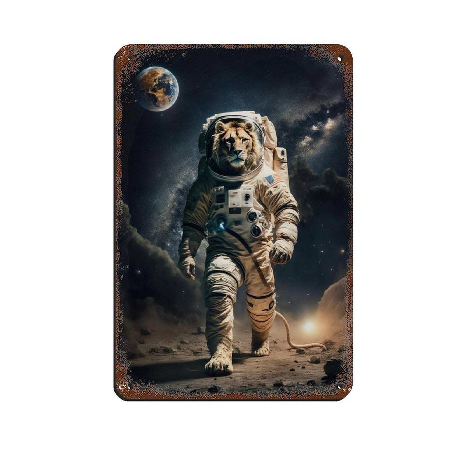 Astronaut Lion, Futuristic Animal Tin Sign Vintage Metal Pub Club Cafe Bar Home Wall Art Decoration Poster Retro 8x12inch(20x30cm)