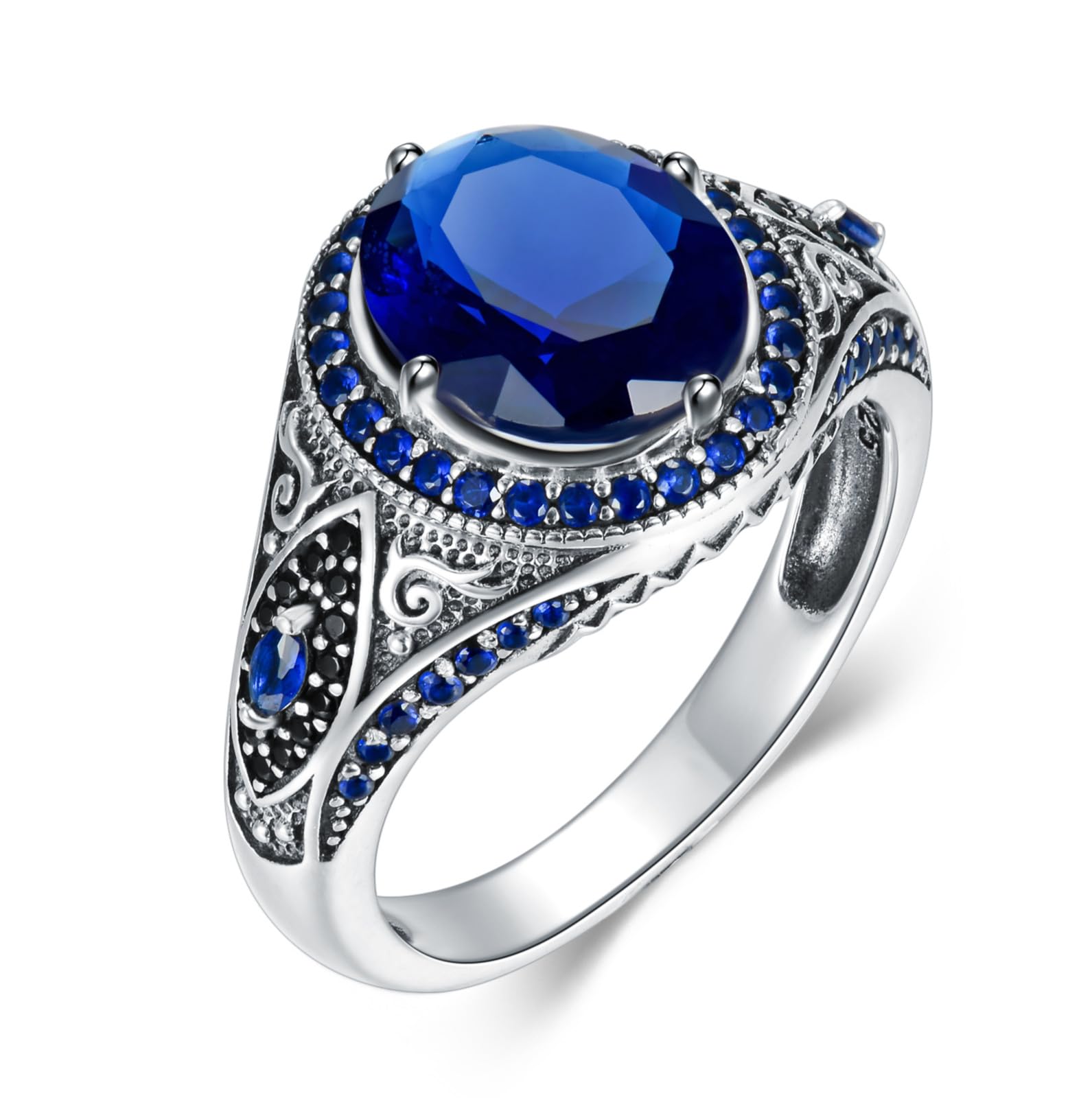 Silver Blue Sapphire Ring for Men Solid 925 Sterling Silver Oxidized Handmade Trendy Men's Ring Customized Ottoman Blue Gemstone Ring for Men Boyfriend Husband Engagement Wedding Size 4 to 16