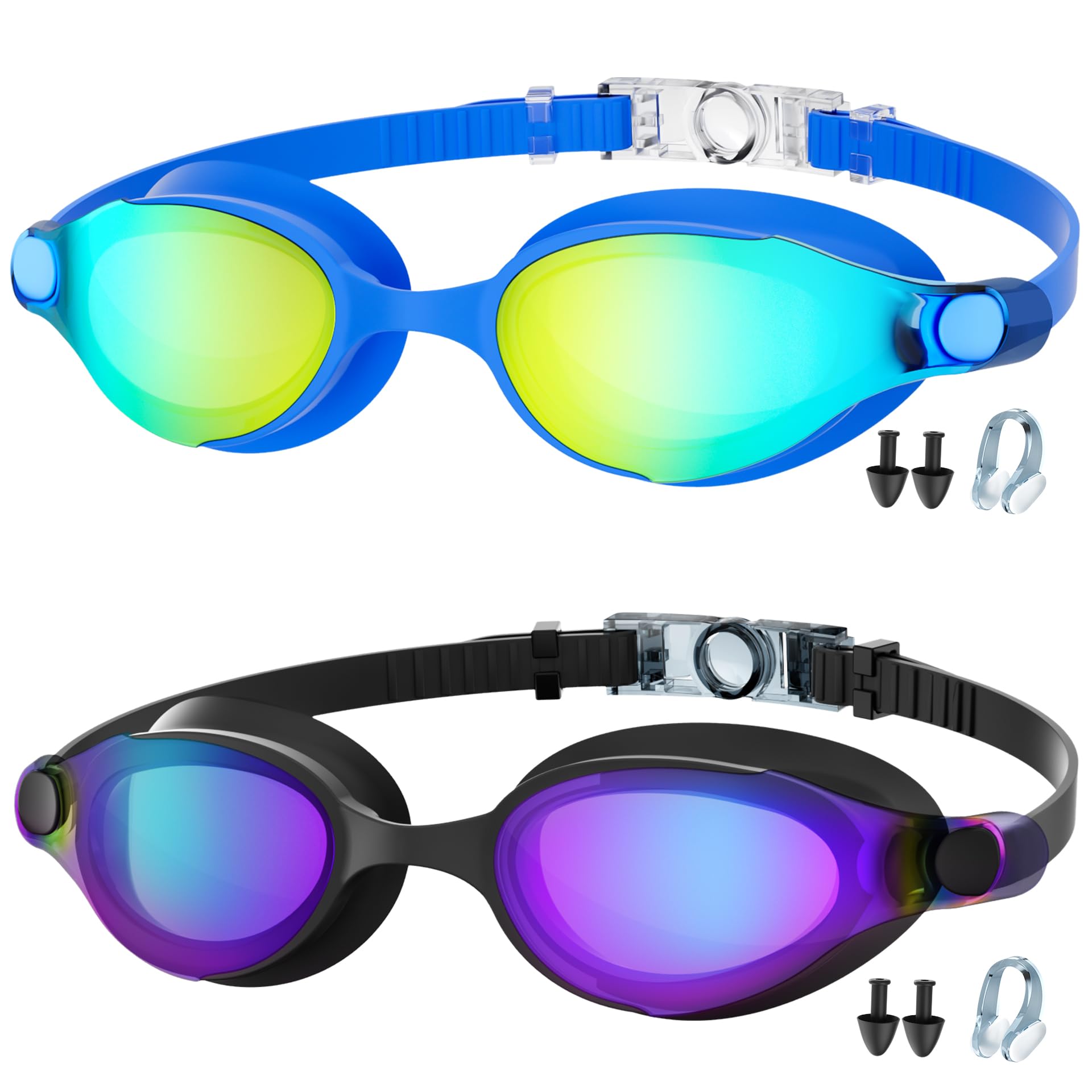Priksia Swimming Goggles Adult, 2 Pack Swimming Goggles Kids 6-14, Anti Fog UV Protection No Leaking Clear Vision For Women Men Youth(Black + Blue)