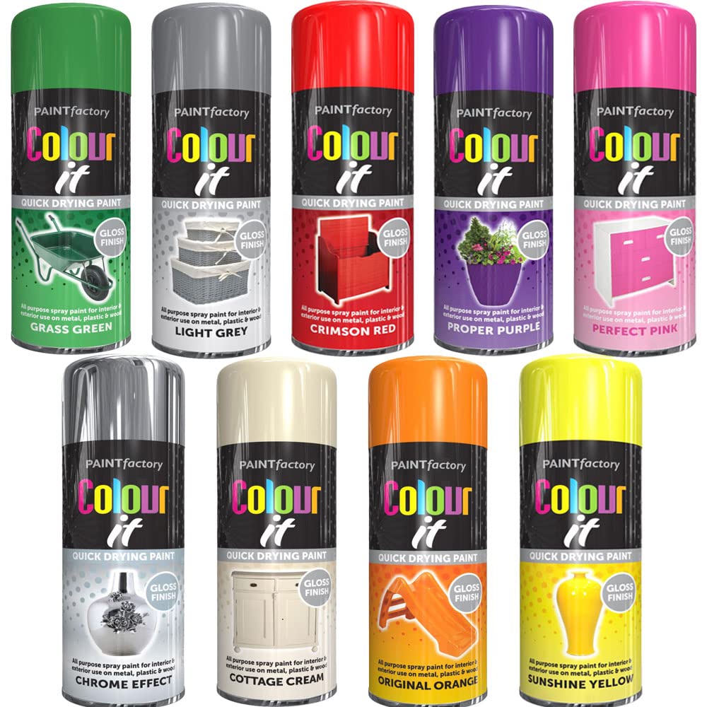AlezyB - 9 Mix Cans Gloss Finish All Purpose spray paint 400ml Multipurpose AerosoL, Quick and Fast Drying and Excellent Coverage for Metal, Wood, Plastic and More - A12