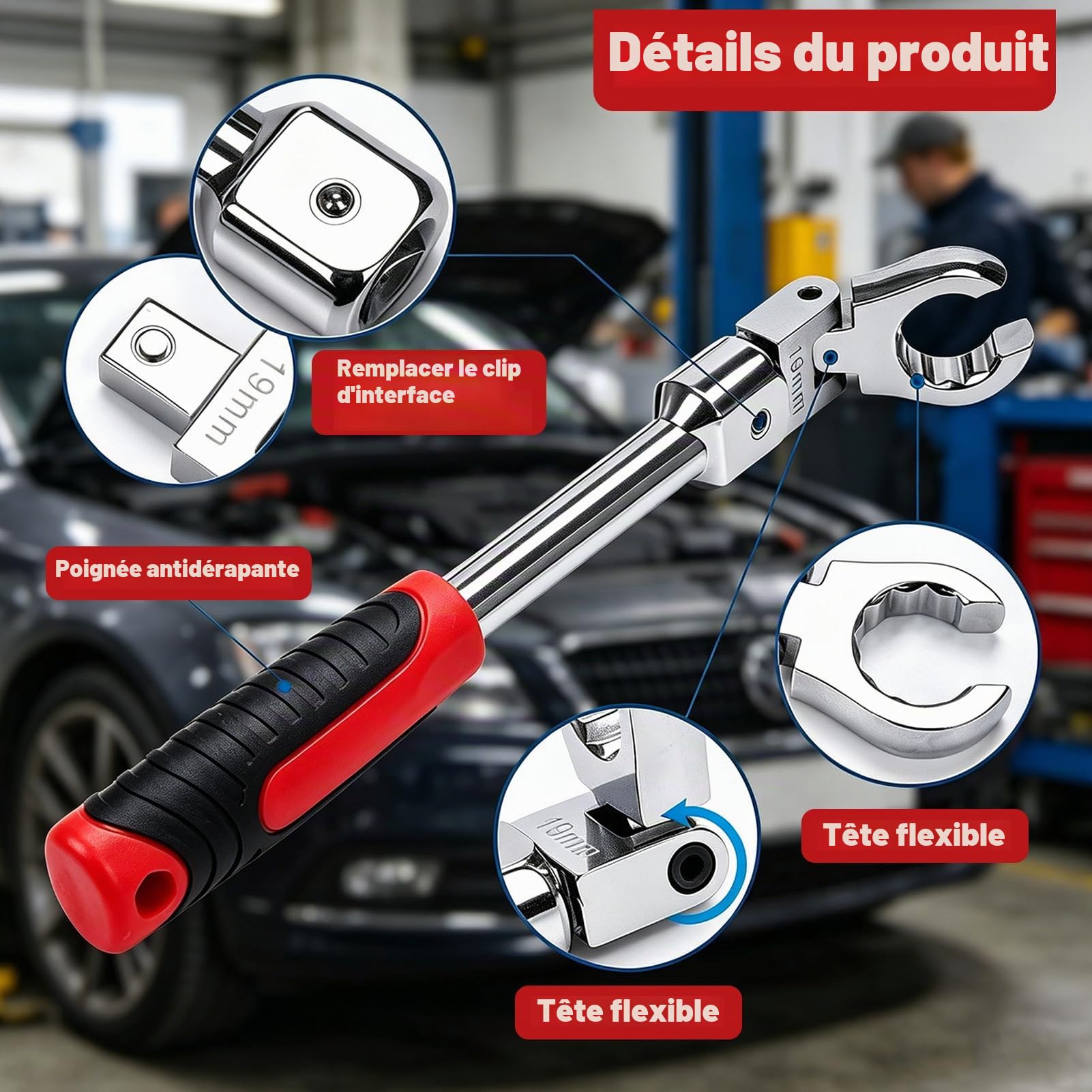 Jeu de Clés à Cliquet Articulées, Mixtes à Cliquet Tete Flexible, Lot de Clé Plate à Cliquet 8 pièces 9-19mm, en Acier au Chrome Vanadium avec Sac de Rangement