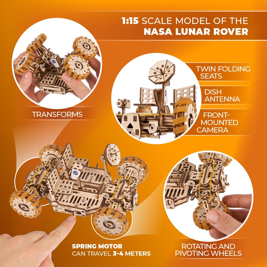 UGEARS NASA Lunar Rover Model Kit - 3D Drewniane Puzzle Mechaniczne Do Zbudowania Dla Dorosłych - Prezenty Kosmiczne Dla Młodych Chłopców - Oficjalne Zestawy Modeli Kosmicznych NASA
