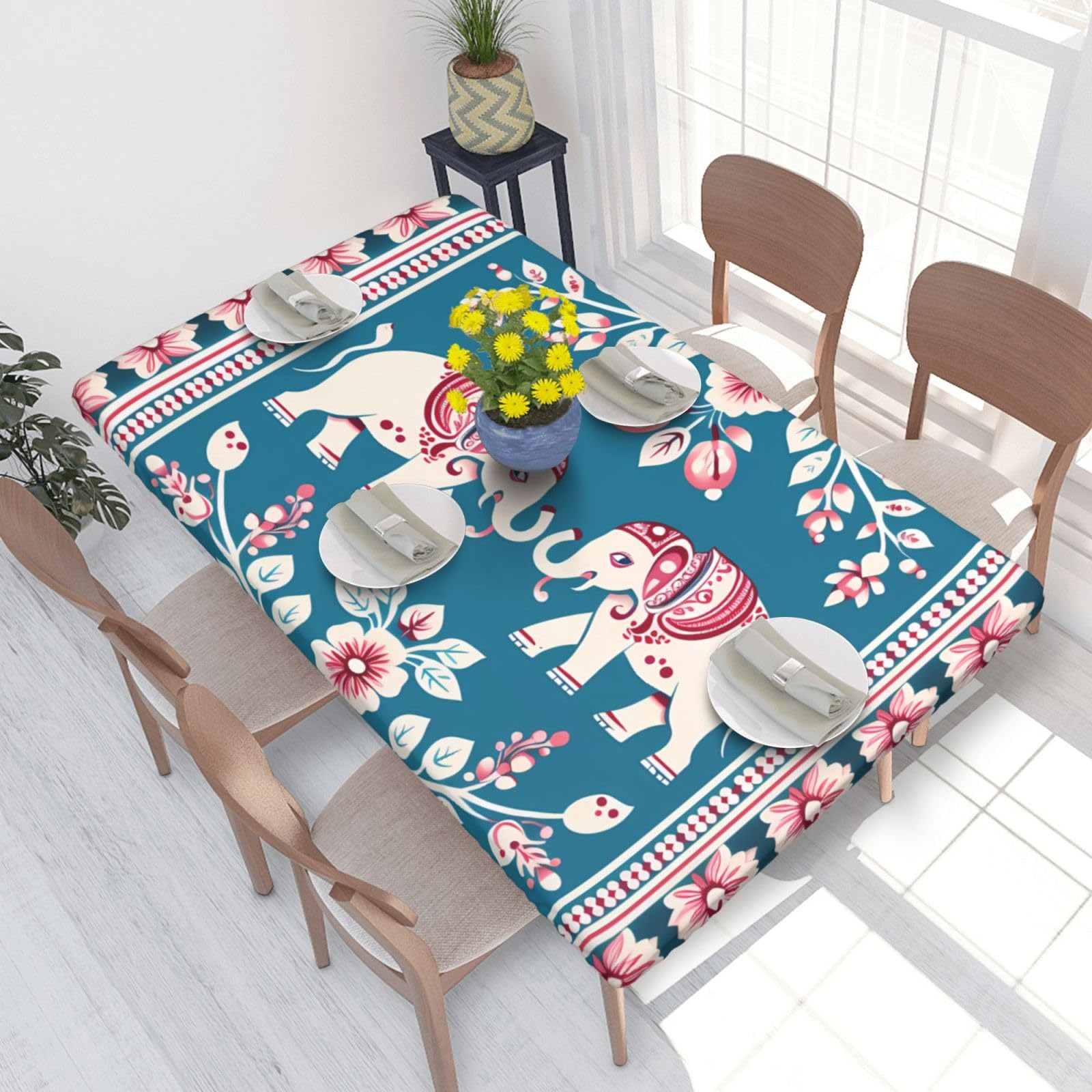 Elephant Pattern Waterproof Square Table Cover Elastic Fitted Tablecloth Oil Proof Table Protector For 4ft Table