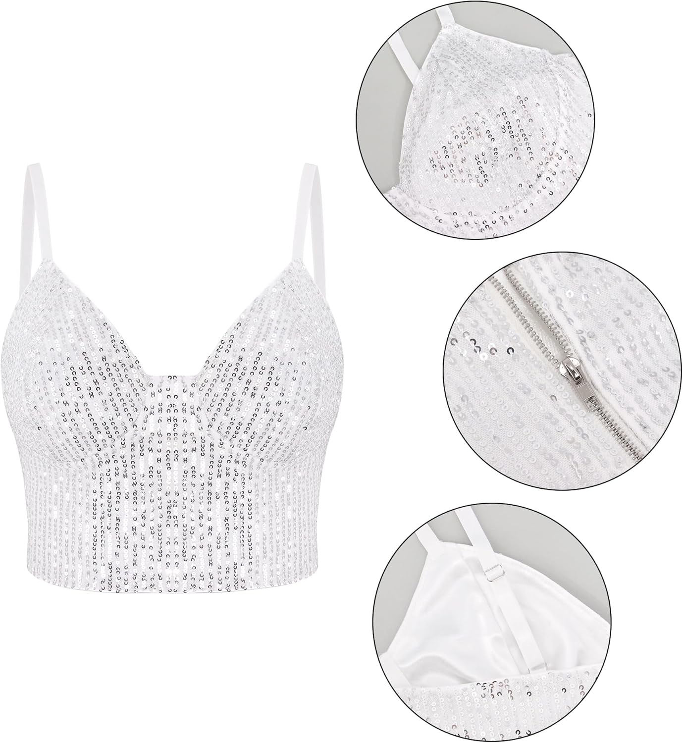 Vimoisa Women Reflective Metallic Tank Top Bustier Spaghetti Strap Crop Top Tight Sleeveless Tube Top Vest Blouse - Image 4