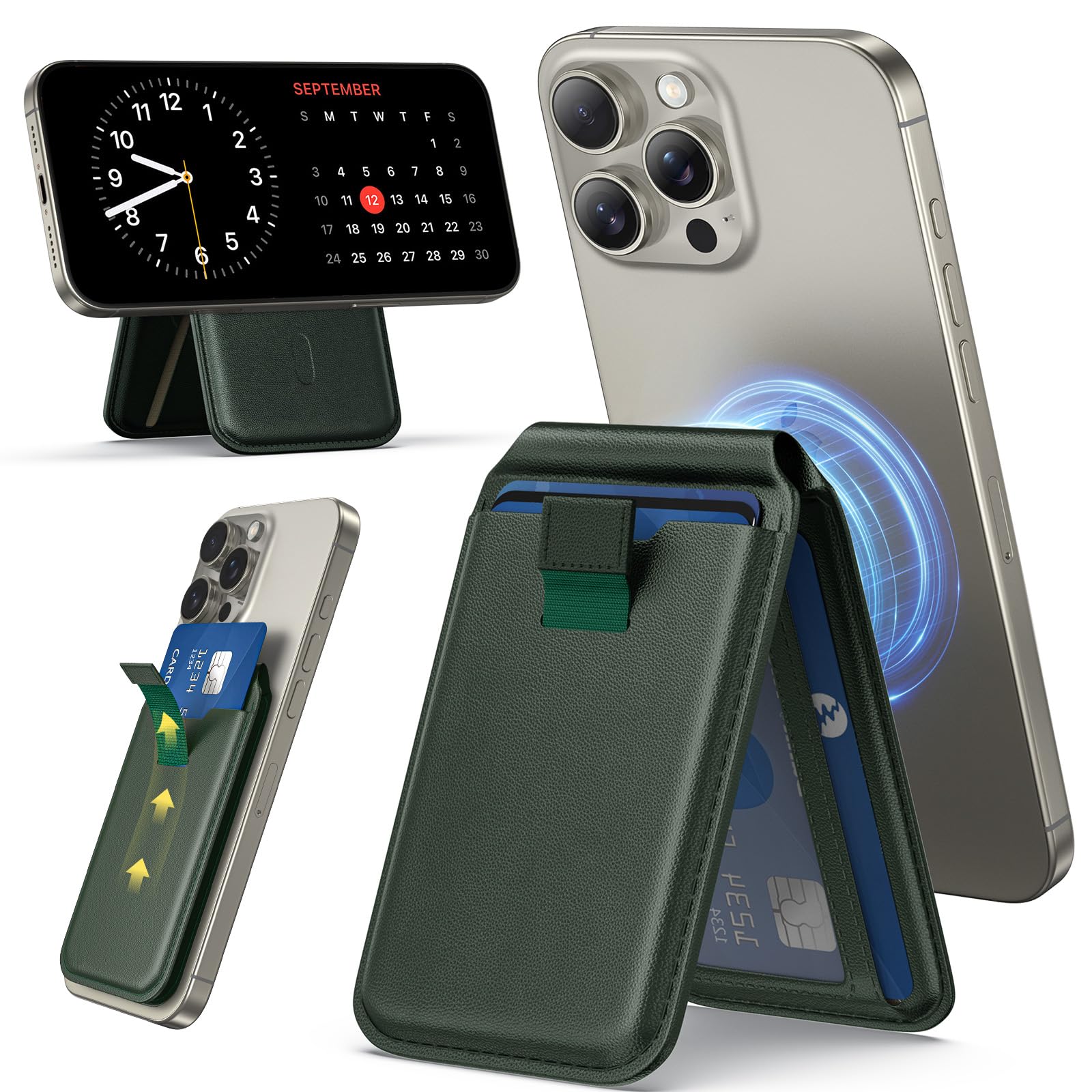 Fshyos Upgraded Mag-Safe Wallet with Drawstring Lightweight Vegan Leather Magnetic Card Holder Adjustable Phone Wallet Stand Magnetic for iPhone 12-17