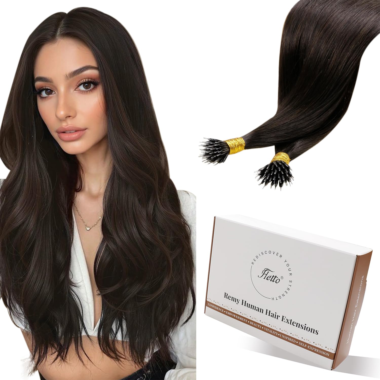 Hetto Nano Hair Extensions Real Human Hair Dark Brown 20 Inch Nano Rings Straight Hair for Women Remy Thick Silky Shiny Premium Invisible,Wedding Holiday Daily,50g 50s #2