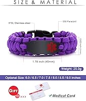 Vista 30 de Pulsera de alerta médica Paracord para hombres y mujeres Pulsera de identificación médica de acero inoxidable con hebillas de liberación lateral
