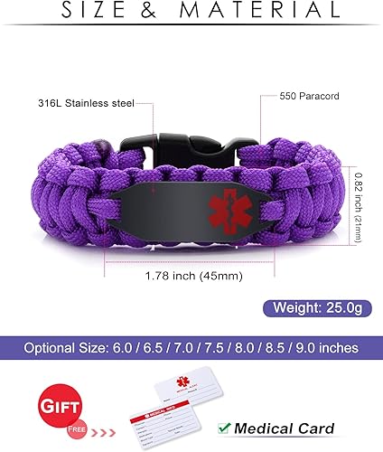Miniatura 3 de Pulsera de alerta médica Paracord para hombres y mujeres  Pulsera de identificación médica para mujer  Pulsera médica de acero inoxidable con