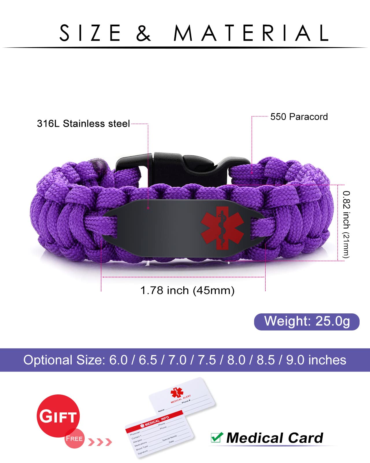 JF.JEWELRY Medical Alert Bracelets for Women, Customizable Engraving Medical Alert ID Bracelet | Handmade Parachute Cord Braided medical Bracelets (Purple, 8.0 Inches)