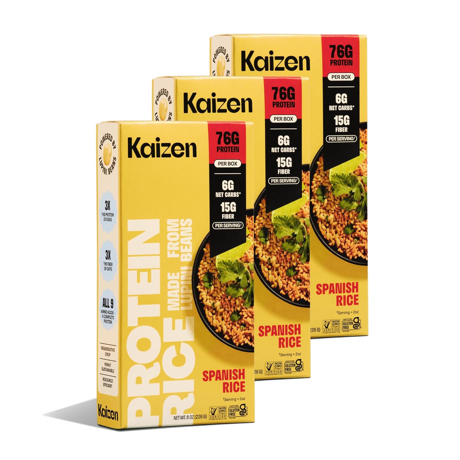 Kaizen Spanish Protein Rice, 20g Protein, Low Carb (6g Net Carbs), Keto-Friendly, Gluten-Free, Made with Plant-Based Lupini Beans, High Fiber, 8 Ounce, Pack of 3