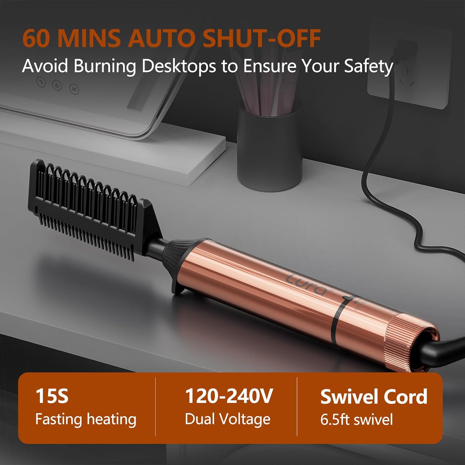 LURA Nano Titanium Hot Comb for Wigs,250-500°F Electric Hot Combs for Black Women Hair,Pressing Combs for Black Hair,Professional Straightening Comb(Rose Gold) - Image 4