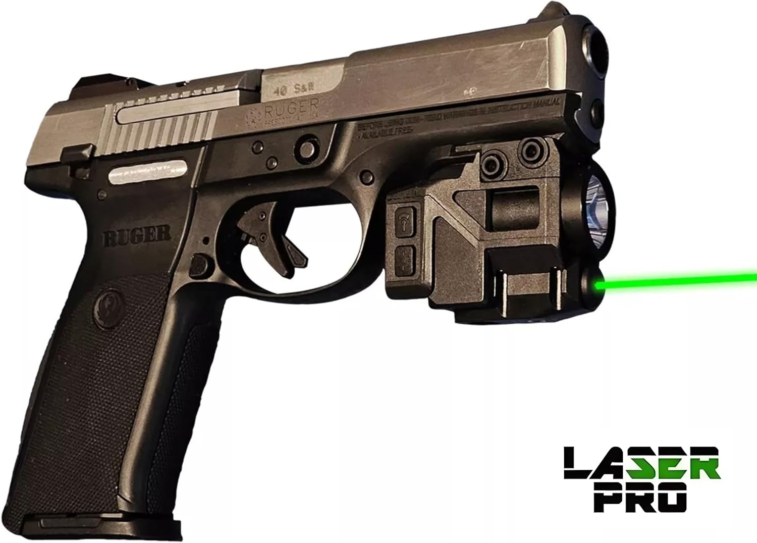 LASERPRO® Green Rechargeable Laser Sight w/LED Light for Ruger Pistols with Rails: SR9, SR40, RXM, Security-9, American, 9E, SR45, P345, 57 & Mark IV Tactical, SR1911, P95 with Rails