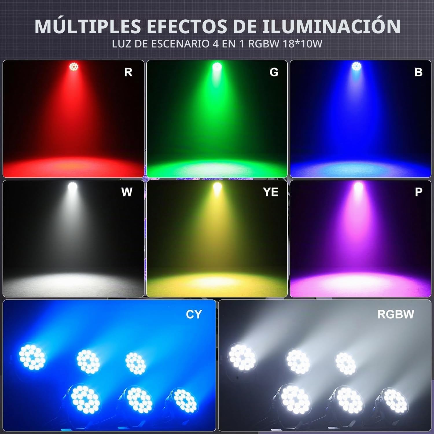 180 W Par LED RGBW, 4 Pieza iluminación de escenario de aluminio fundido | con DMX512 y control por voz, para fiestas, bodas, bares y Navidad