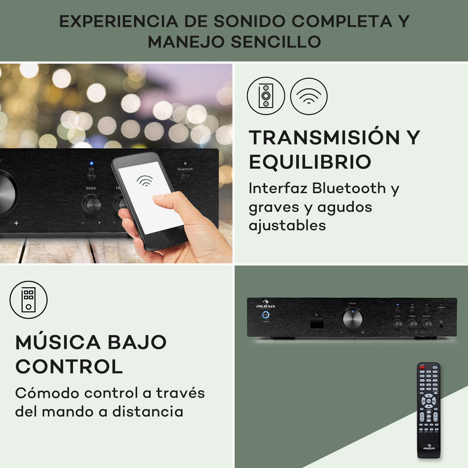 Auna Amplificador Audio Equipo de Musica para Casa, Amplificador HiFi y AV, Control de Bajos y Agudos y Entrada AUX, Amplificadores de Sonido Subwoofer, 1 Canal de Audio y Altavoz con Mando