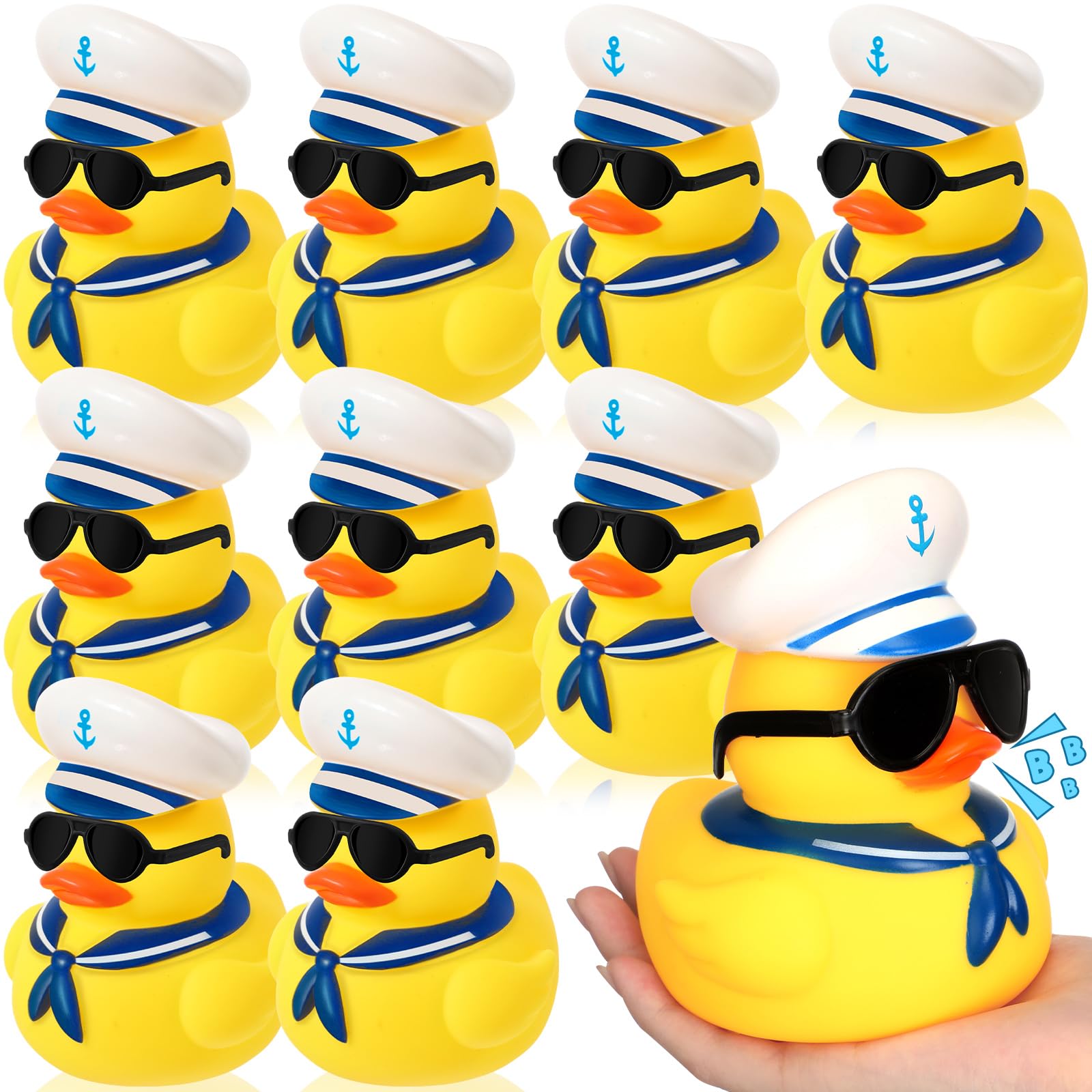 10Pcs Large Cruise Duck Bulk with Sunglasses Set, 5" Sailing Rubber Ducks Summer Cruise Ship Toy Squeaky Duck Bath Party Toy Duckies for Birthday Party Favors Swimming Pool (Yellow)