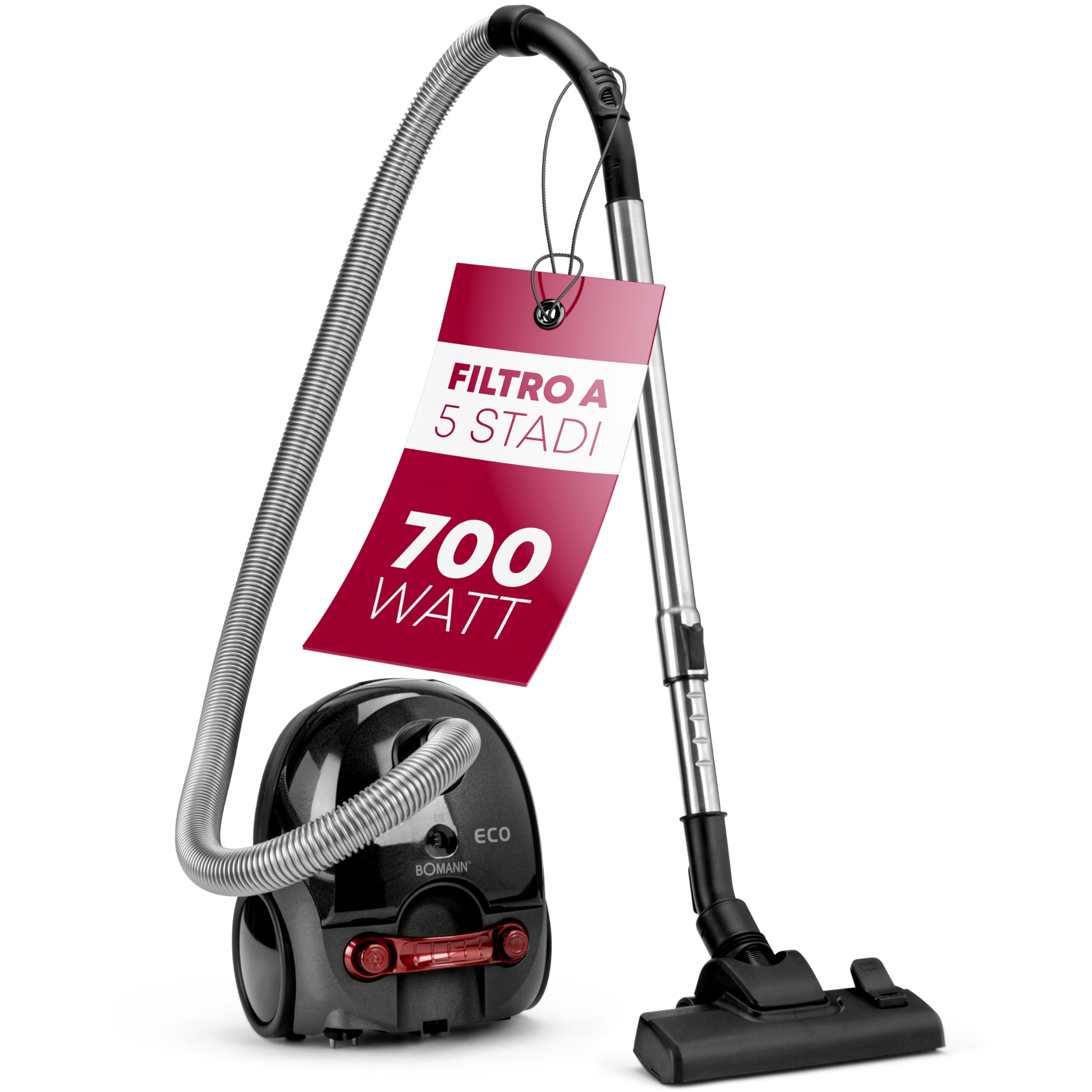 Bomann® Aspirapolvere ermetico | risparmio energetico | 700 Watt | sistema di microfiltraggio a 5 pieghe | con sacchetto | spazzola/bocchetta | BS 9019 CB N antracite