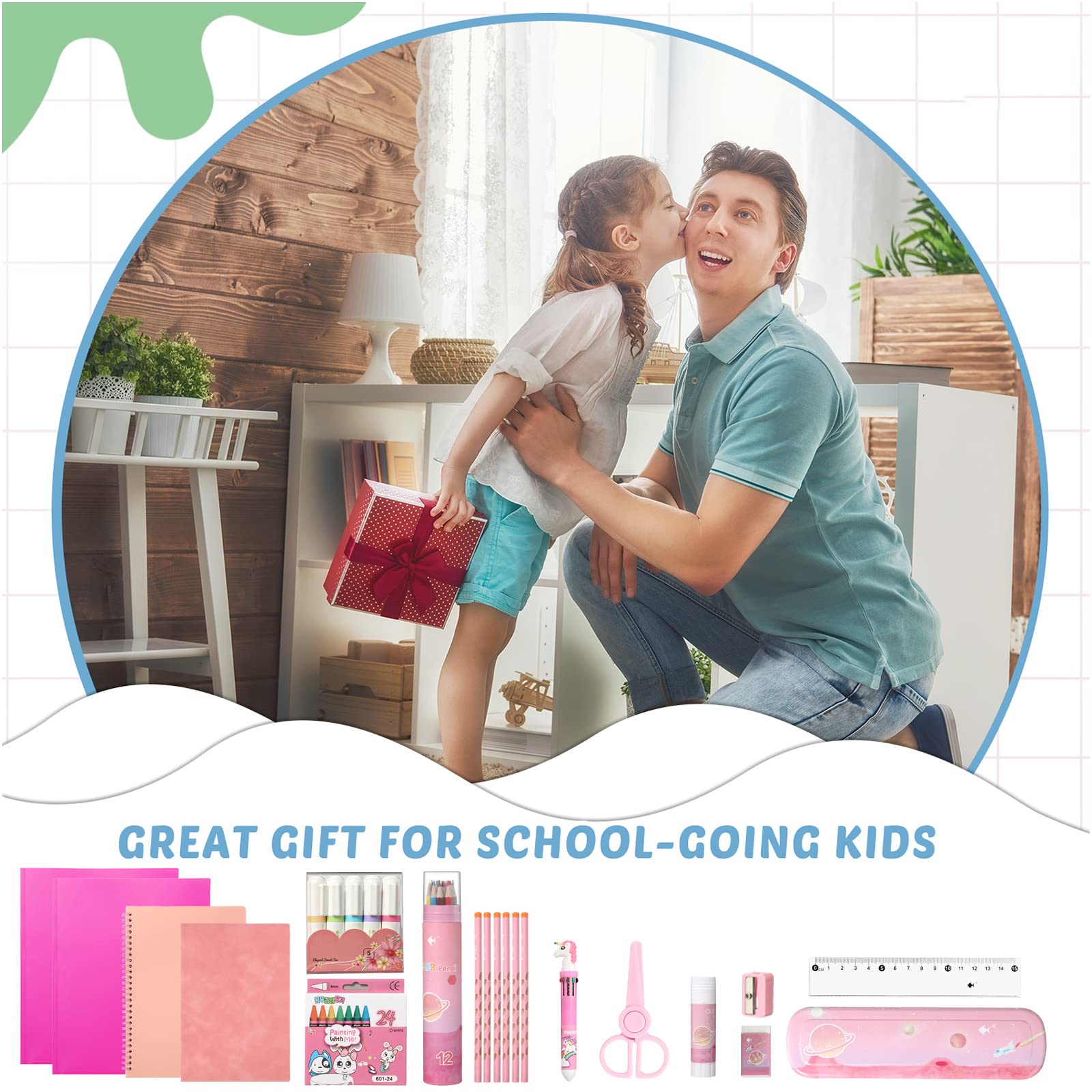 Kit de suministros de regreso a la escuela de 58 piezas para niñas de grado K-12, paquete de suministros esenciales, incluye carpetas, cuadernos, lápices, regla, tijera y mucho más
