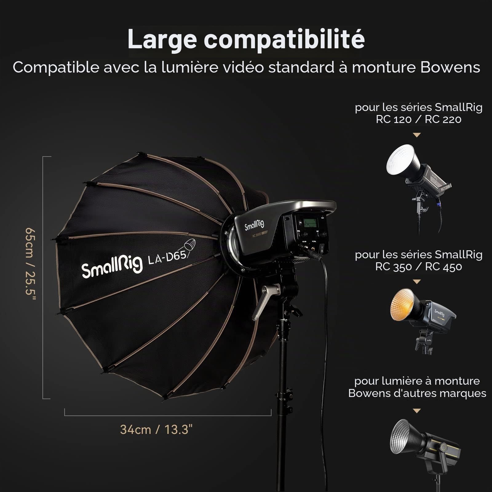 SMALLRIG Parabolic Softbox (LA-D65), Boîte Souple à Dégagement Rapide de 65 cm pour Lampes COB à Monture Bowens - 4157