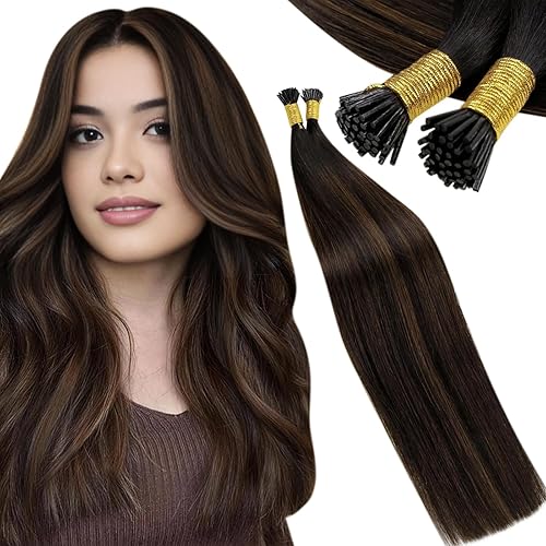 LaaVoo Extensiones de cabello humano real con punta I Tip, color marrón oscuro, balayage, extensiones de cabello humano con punta I de fusión fría,