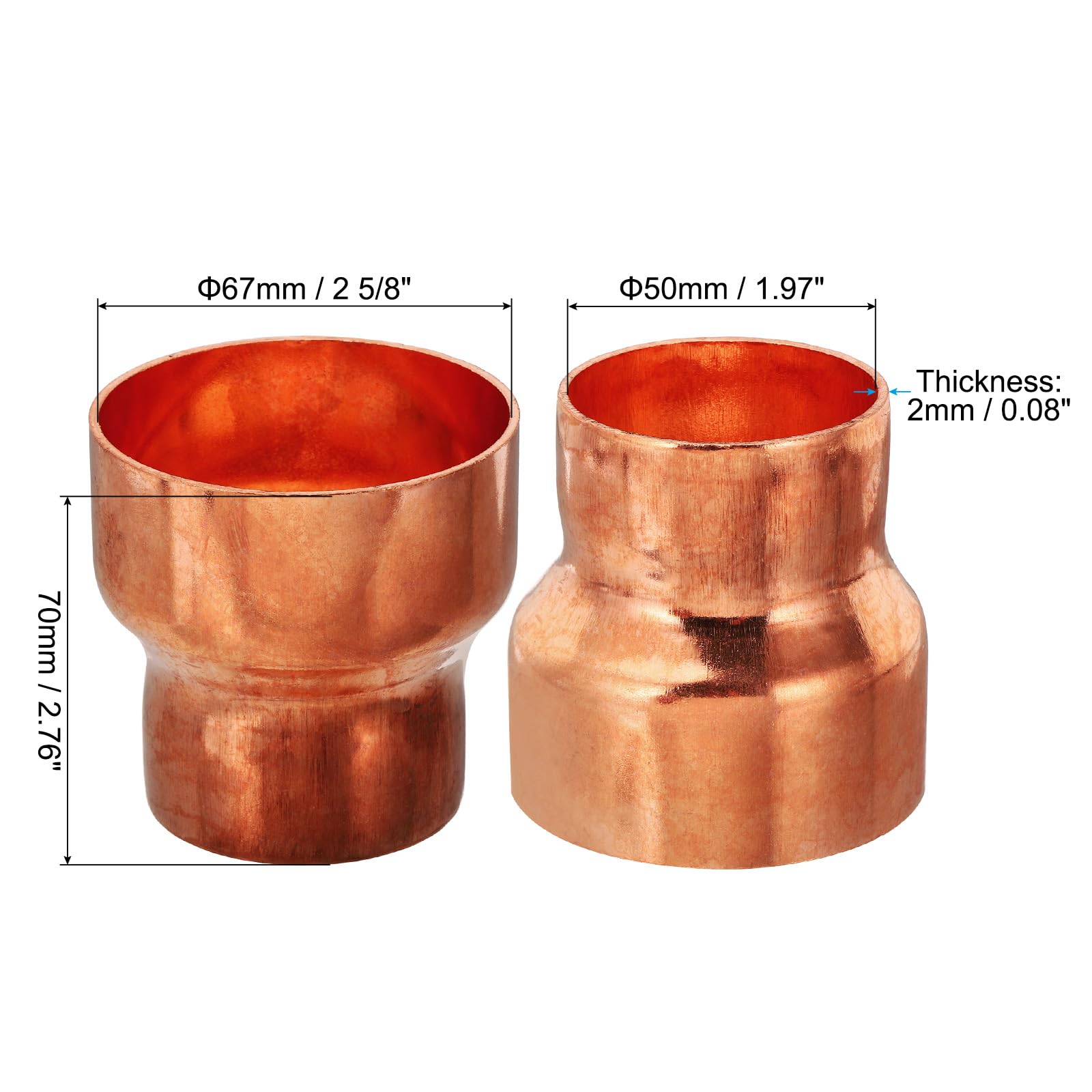 PATIKIL 50 a 67mm ID Reductor de Cobre, Tubo Reducción de Cobre Accesorios de Acoplamiento de Cobre Puro 99.9% con Conexión por Sudor para Tubería Conexiones, 70x2mm (L*Grosor)