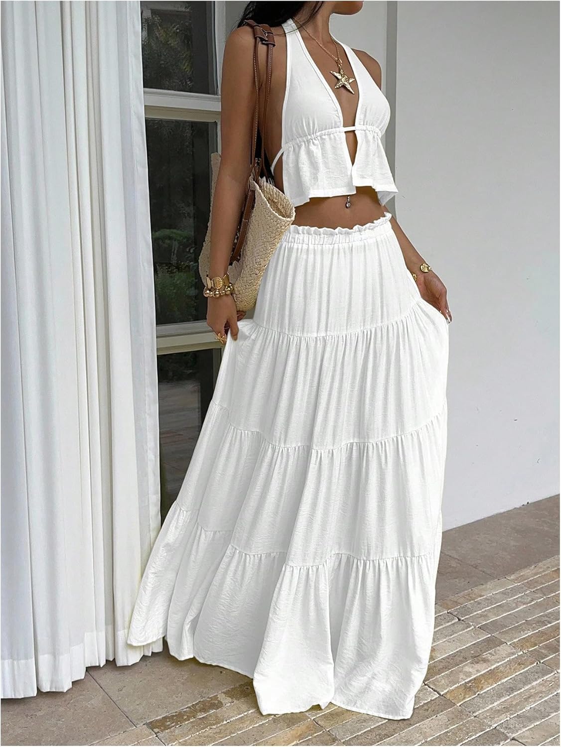 Verdusa Women's 2 Piece Outfit Deep V Neck Halter Backless Crop Tops with Maxi Skirts Brunch Outfits - Image 3