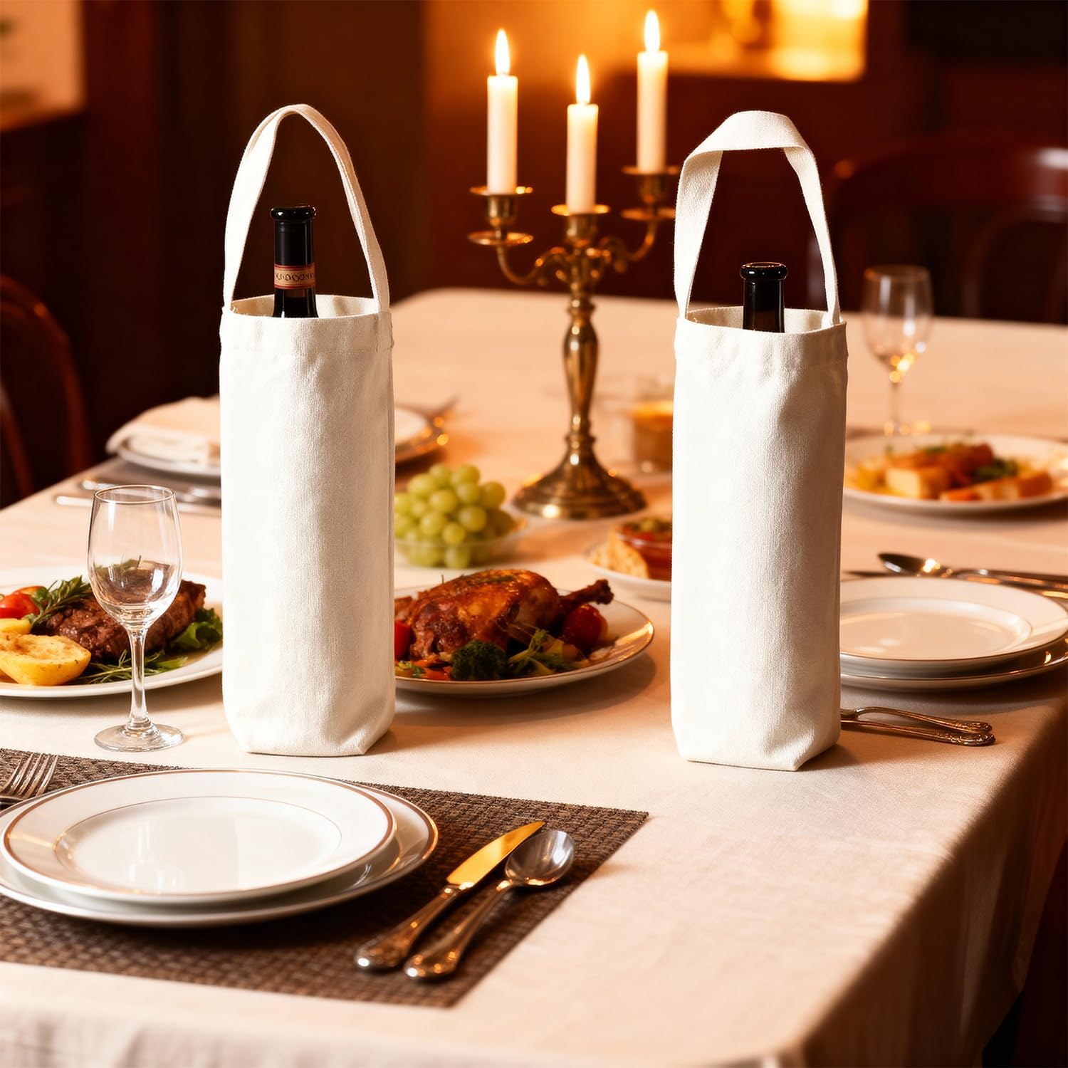 24 Pcs Canvas Wine Bag with Handle 12 x 7.5 x 5.5 Inch Reusable Wine Tote Bag without Patterns Washable Wine Carrier Tote Blank Bottle Gift Tote for Travel, Birthday, Party, Christmas - Image 4