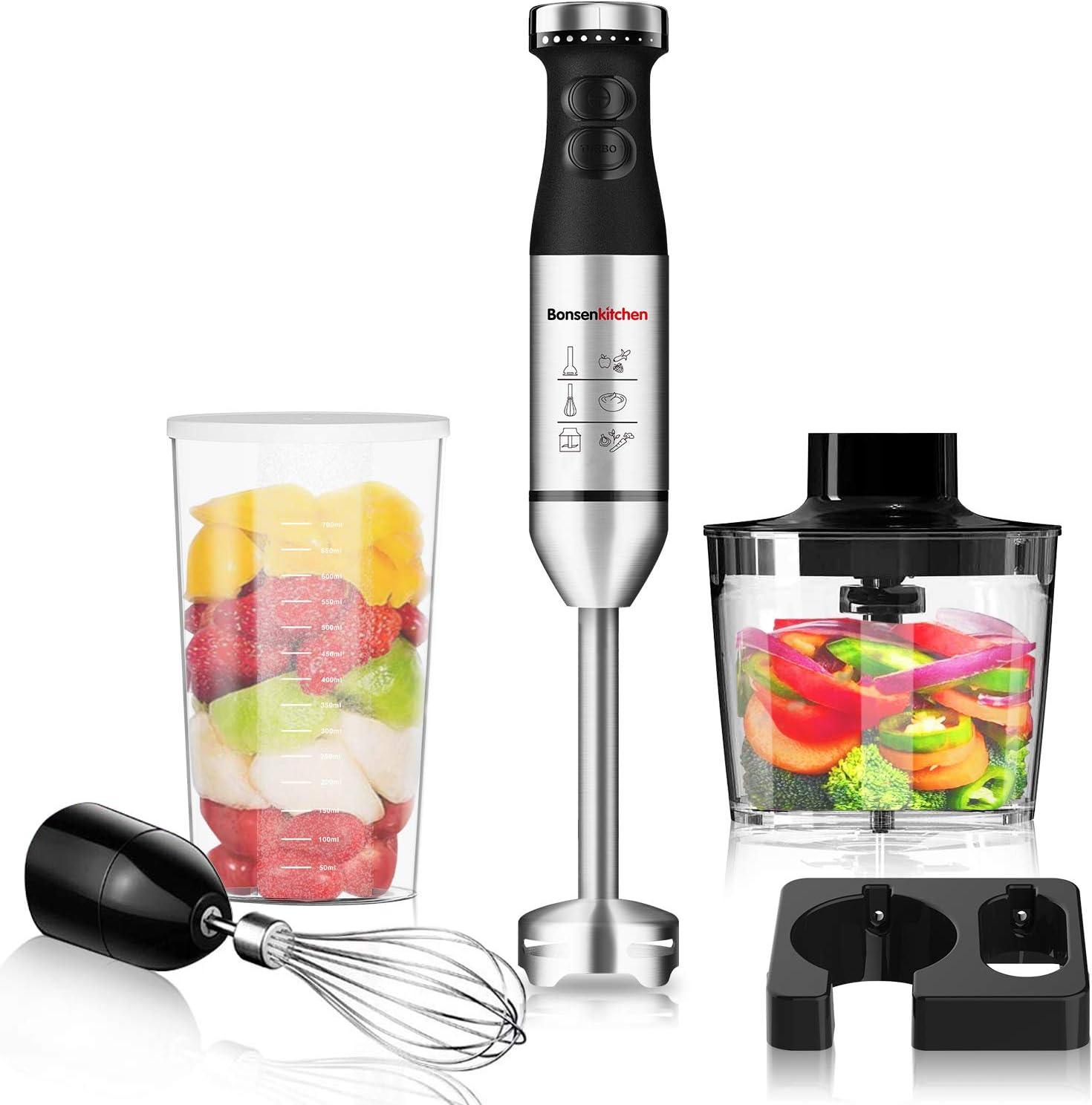 Immersion Blender Handheld, 225W 9-Speed Stainless Steel Hand Blender Set with Wall Mounted Bracket, Food Grinder Bowl, Measuring Mug, Egg Whisk for Smoothies, Infant Food, Sauces, Soups, Puree