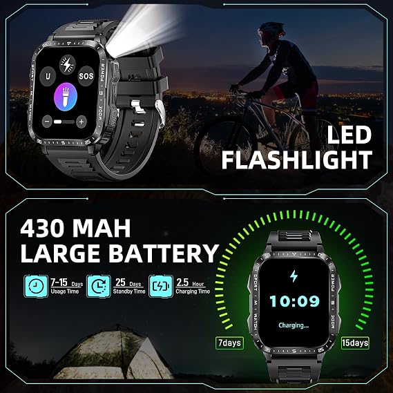 Military Smart Watches for Men (Make/Answer Call) with LED Flashlight