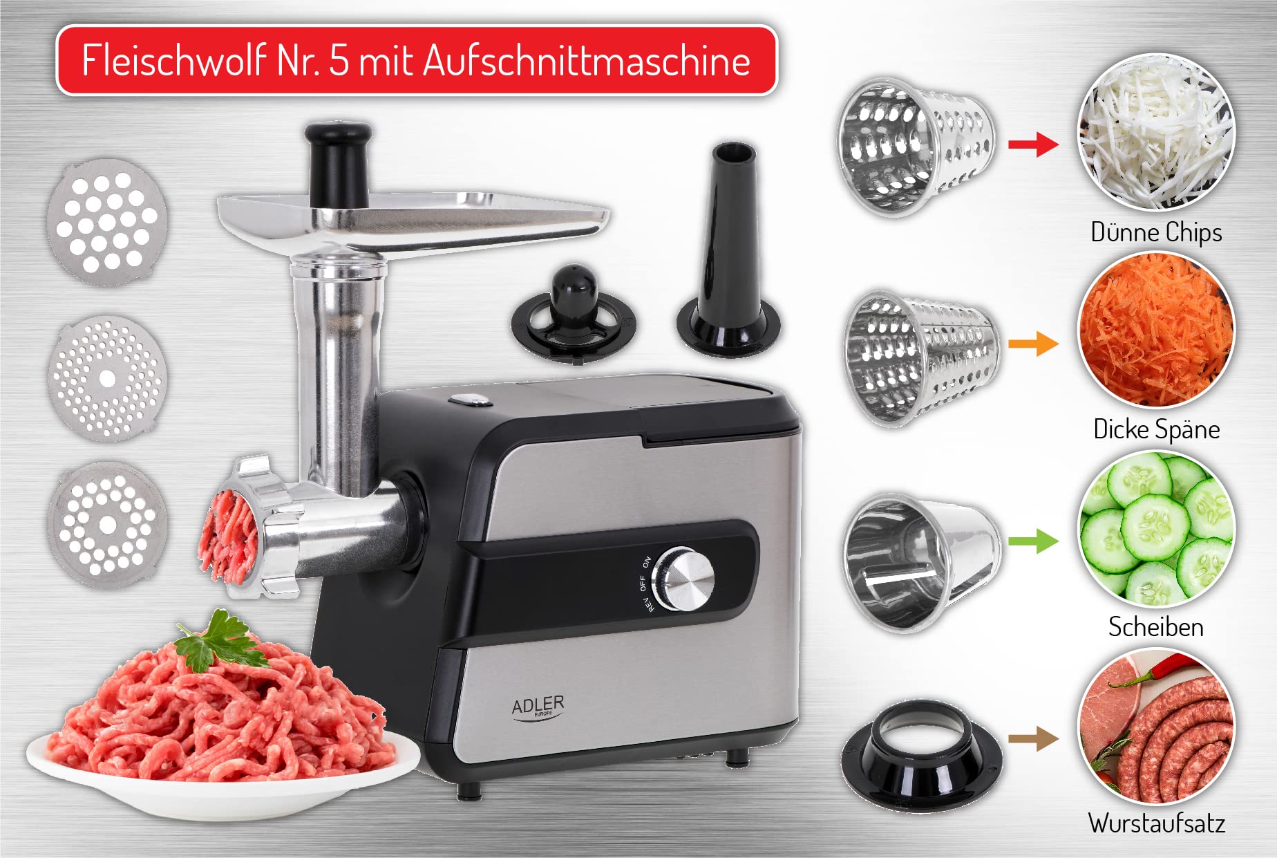 Adler AD 4813 - Picadora de carne nº 5 con rebanadora, 2000 W, máquina picadora de carne picada con carcasa de acero inoxidable, para carne y verduras