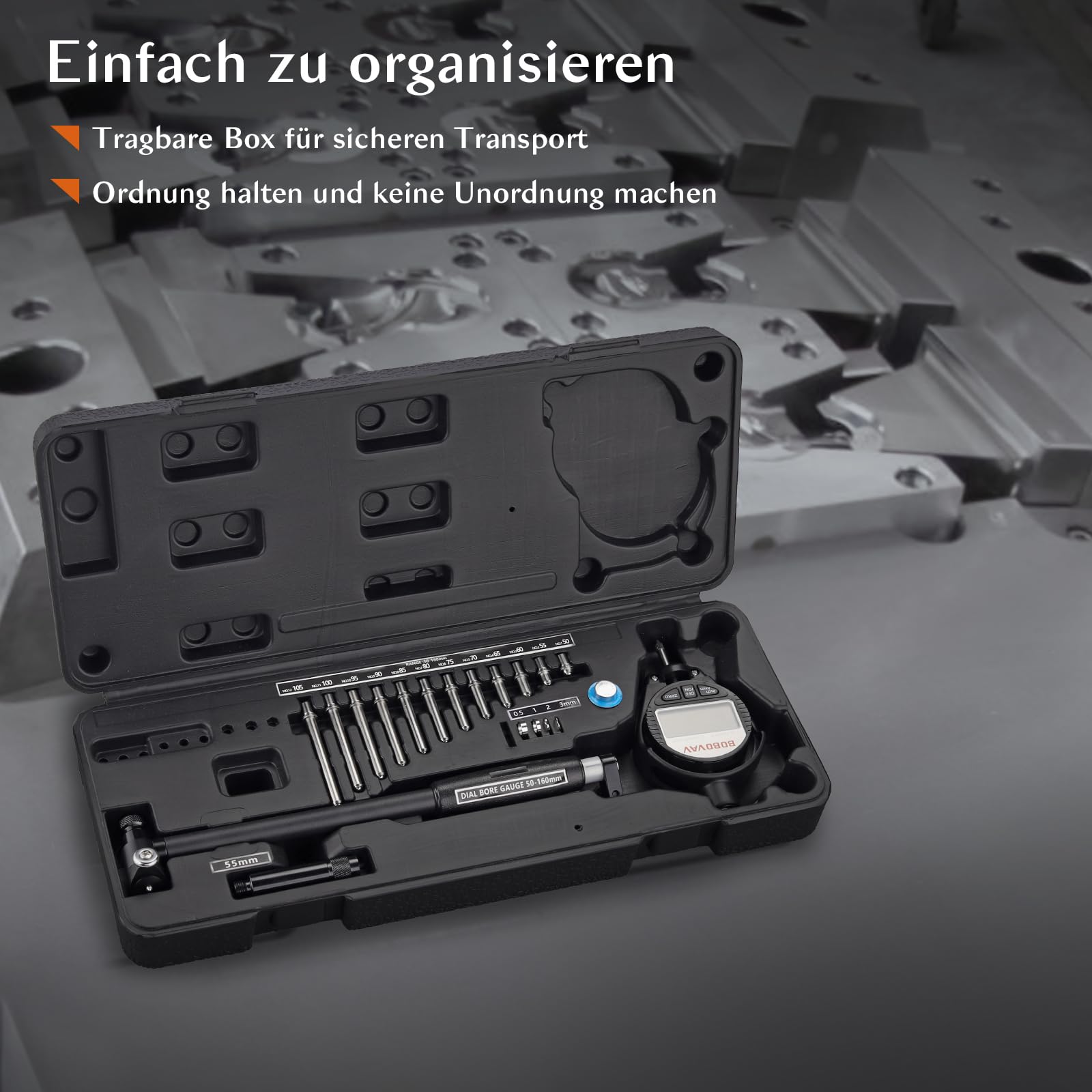 Digital Bohrungslehre Messuhr Set 50-160 mm, Innendurchmesser Messuhr Präzision 0,01 mm Zylinder Messuhr Metrisch/Zoll Anzeige mit 12 Messspitzen für Formabweichungen