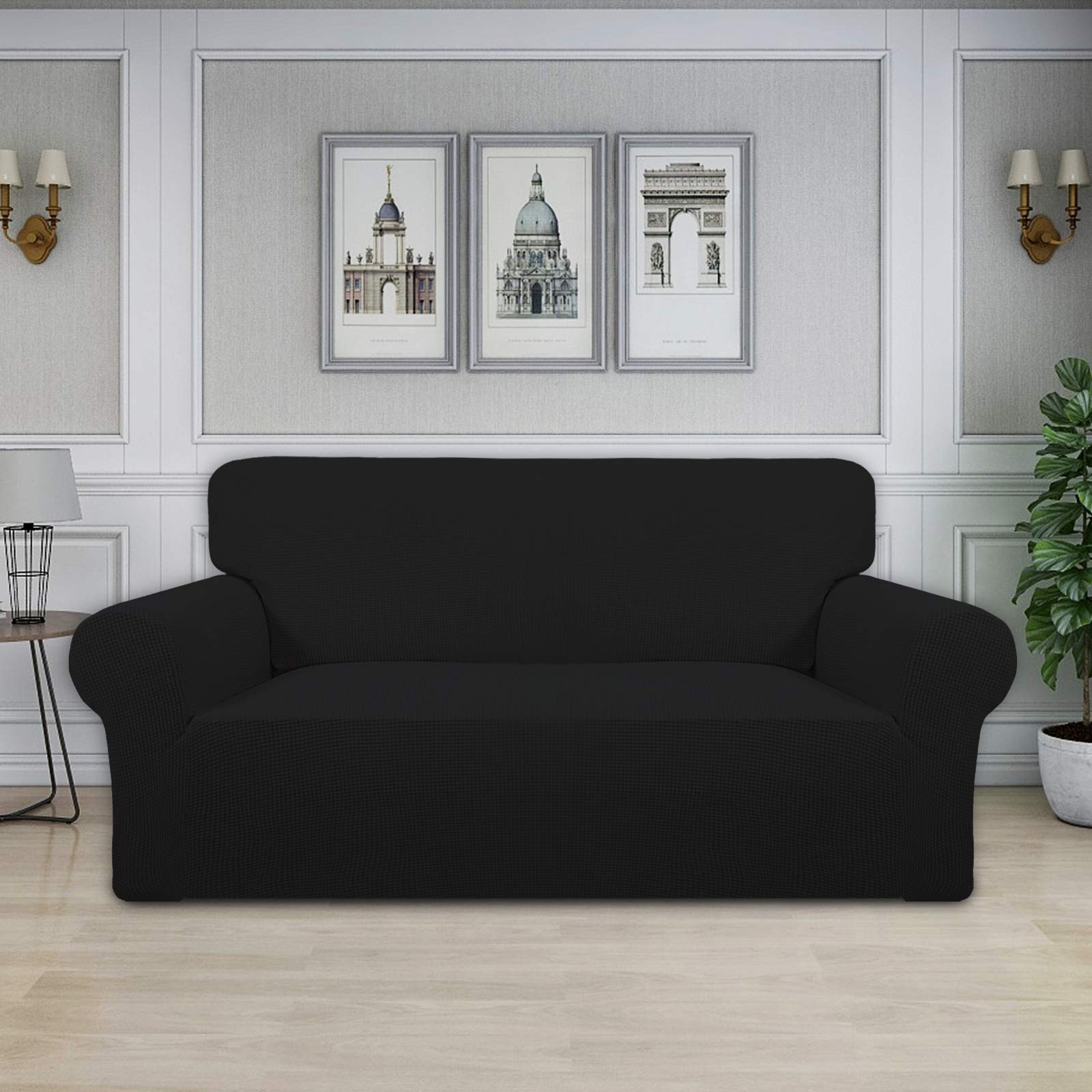 Easy-Going Stretch-Sofabezug, übergroß, 1-teilig, Sofa-Überzug, Möbelschutz, Couch, weich mit elastischer Unterseite, für Kinder, Polyester, Spandex, Jacquard-Stoff, kleines Karo, Schwarz