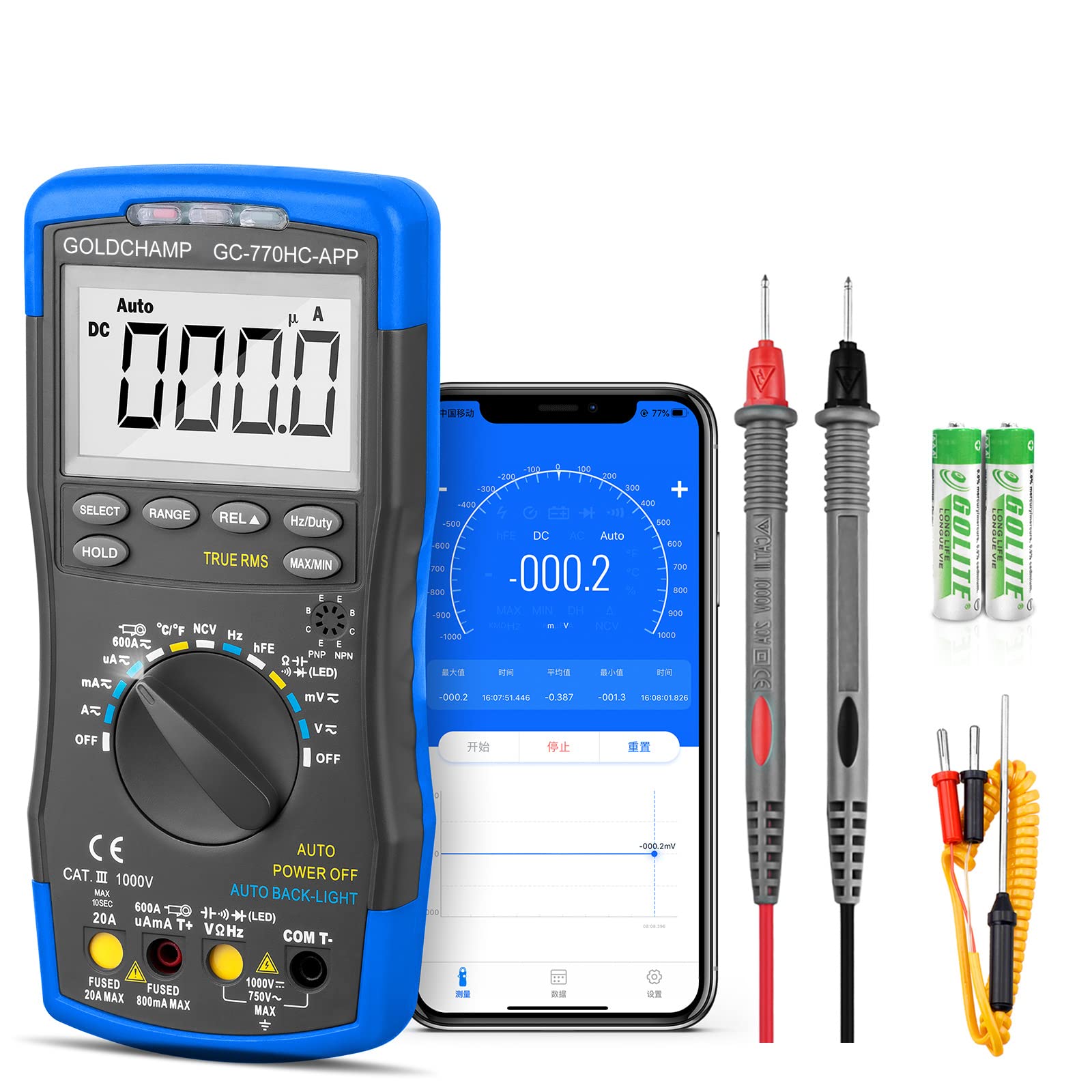 Multímetro digital TRMS AC/DC 1000 V 20 A Bluetooth, voltímetro 770HC para
