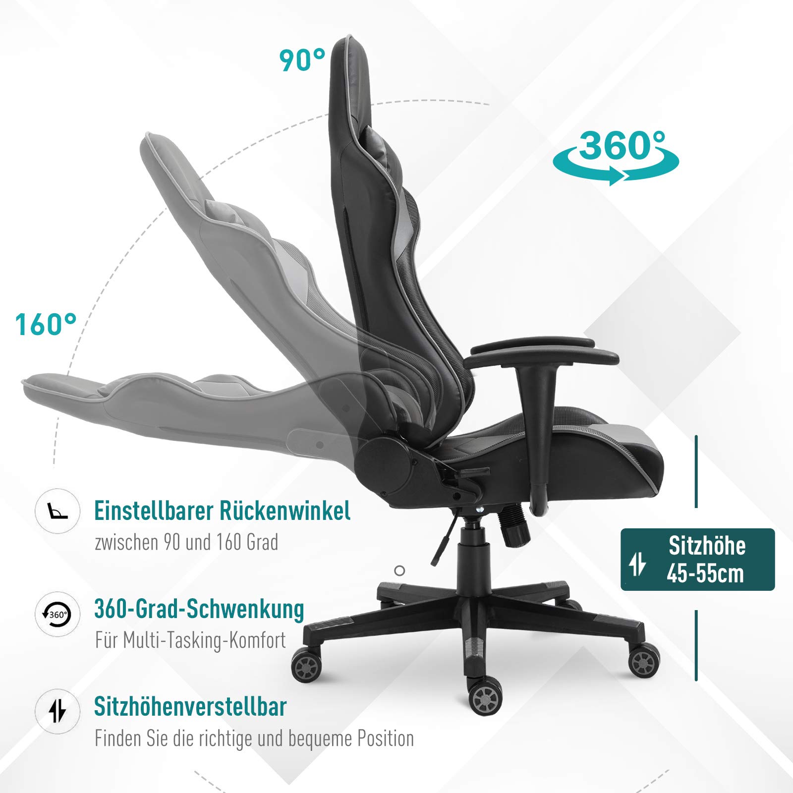 Vinsetto Ergonomiczne krzesło biurowe, fotel gamingowy, krzesło obrotowe, sztuczna skóra, pianka, MDF, czarne, 67,5 x 56 x 126–136 cm