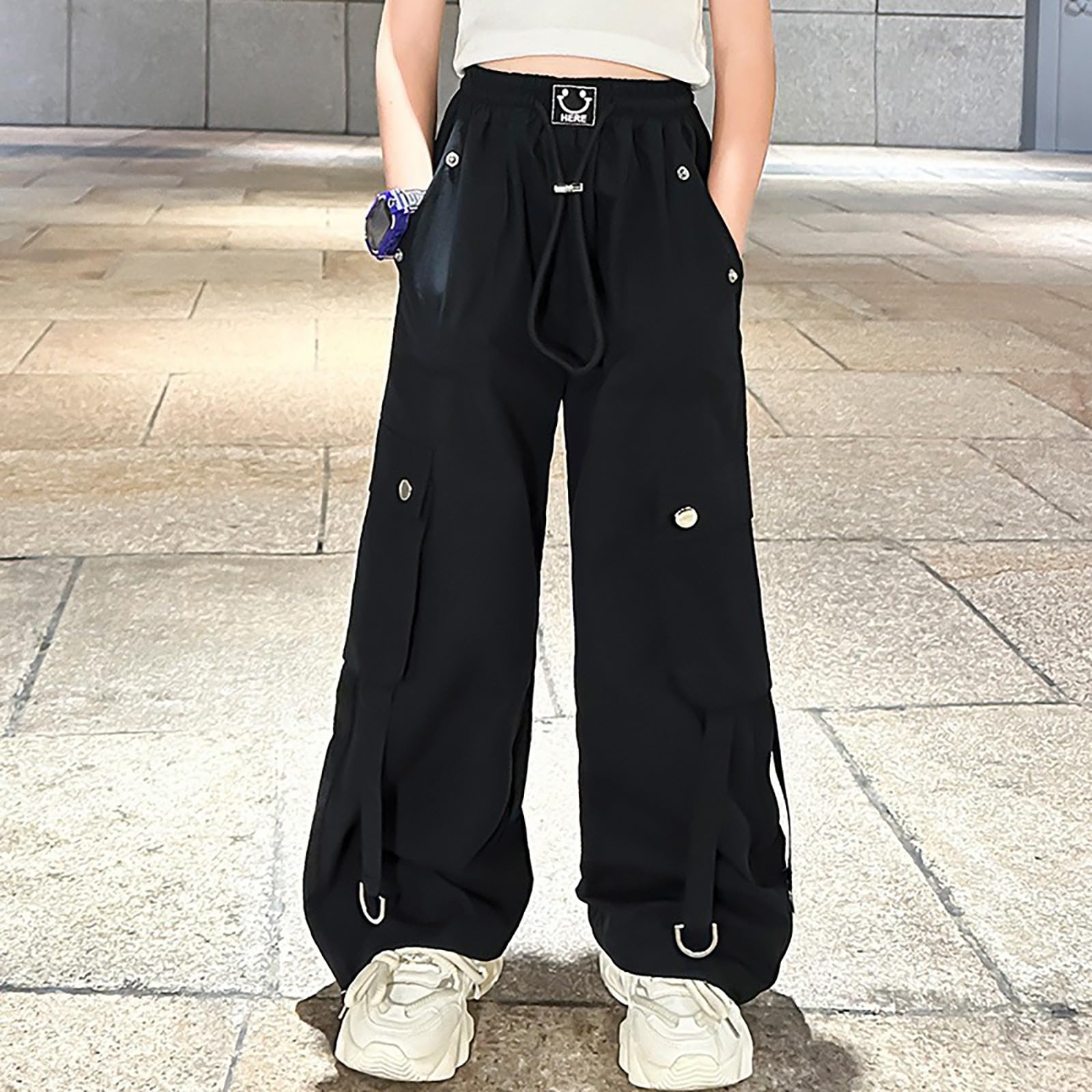 Generisch Baggy Jeans Ragazza Cargo Pantaloni Ragazza Vita Alta Gamba Larga Pantaloni da jogging per Danza Casual All'aperto