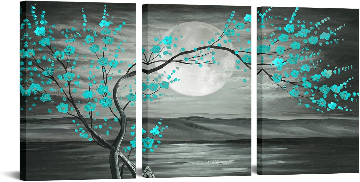 iKNOW FOTO 3pcs Grey and Teal Floral Canvas Prints Framed Plum Blossom Tree Oil Painting Printed on Canvas Gallery Wrapped Full Moon Flower Pictures Living Room Traditional Paintings 12x16x3pcs