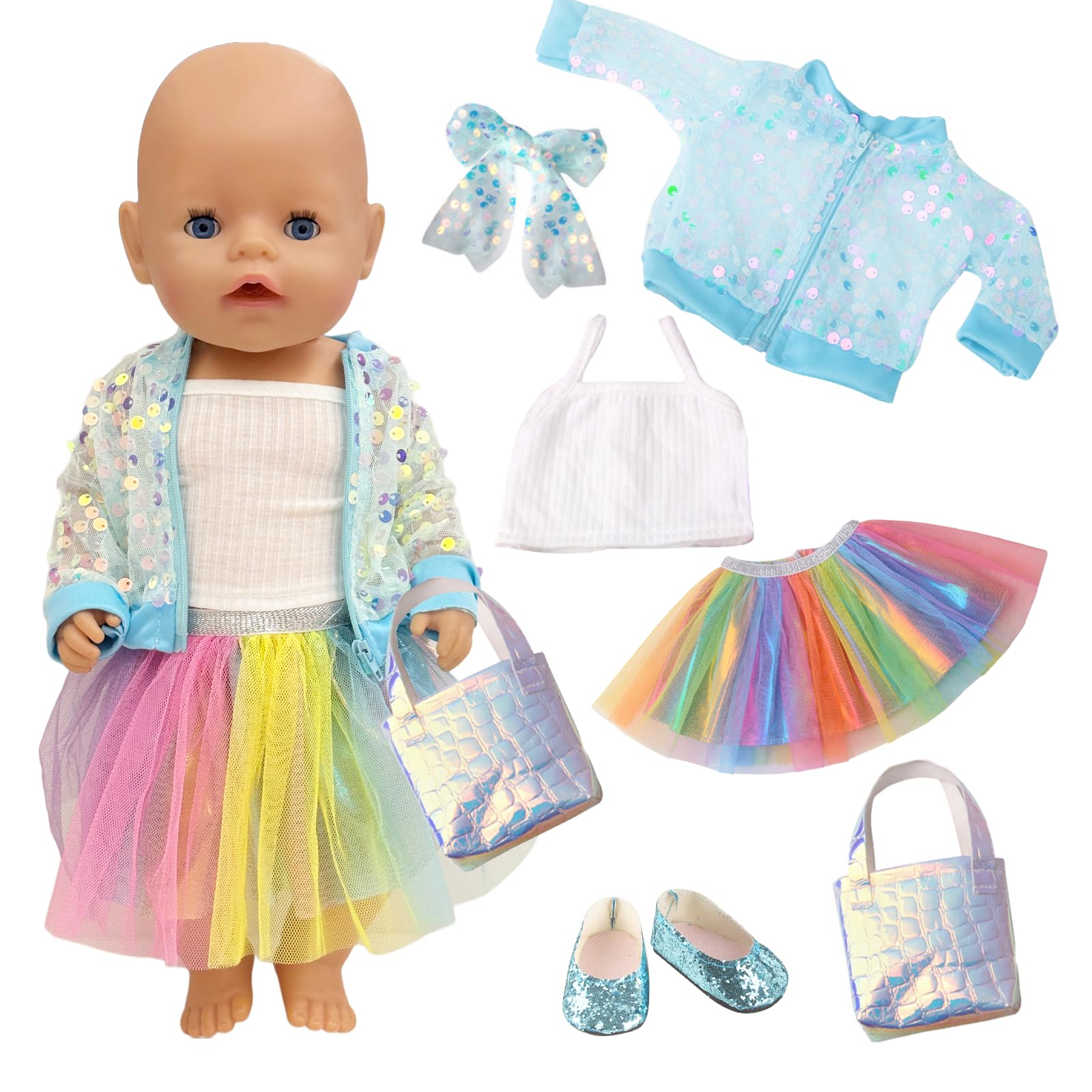 Ubrania dla lalek 14, 16, 17 i 18 cali, 6 ubrań, cekinowa kurtka, opaska na głowę, torba na buty 35-45 cm, dla noworodka, lalki, dziewczynki, prezent od