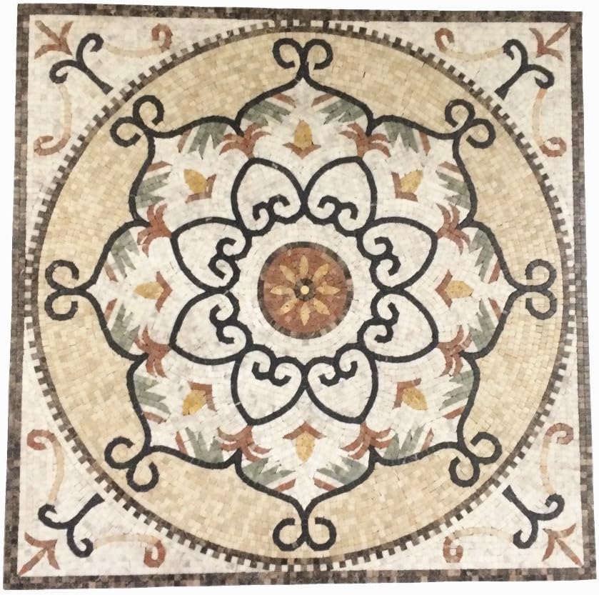 Marble Mosaic Stone Medallion Square Shape Floor Medallion Art Decoration Tile 36"
