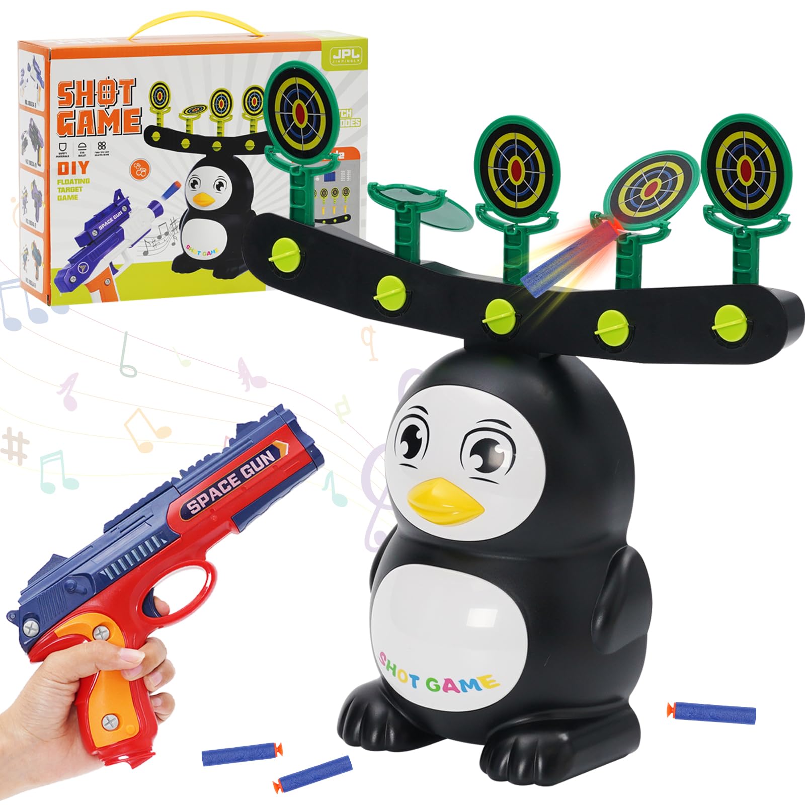 Pistola Giocattolo Hover per Bersaglio Nerf, Gioco di Tiro con 2 Modalità di Gioco, Funzione Musicale, 6 Dardi in Schiuma Morbida e 10 Palline in Schiuma, Regalo per Bambini da 3 Anni In Su