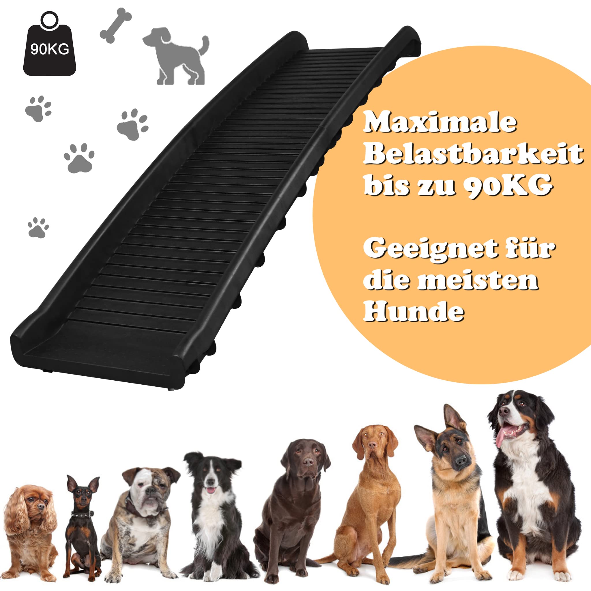 UISEBRT Rampa pieghevole per auto, per cani, per animali domestici, antiscivolo, robusta, portata fino a 90 kg, 156 x 40 cm, nero