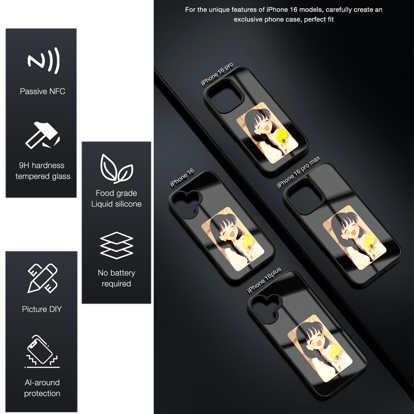 QSM E Ink - Custodia per iPhone 16 Pro Max, custodia con proiezione fotografica per visualizzare istantaneamente le foto sullo schermo d'inchiostro da 3,7 pollici, cover posteriore per personalizzare