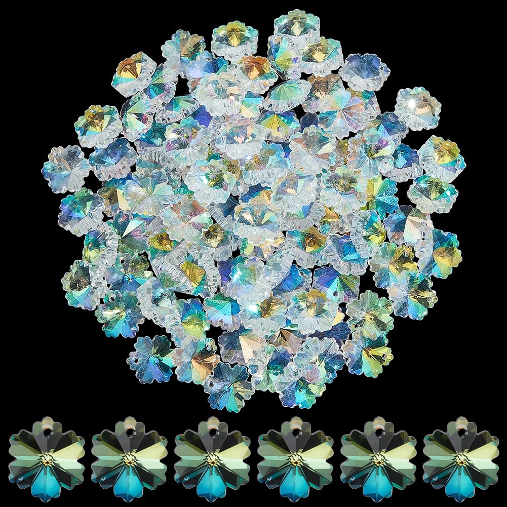 SOFPLATE 1 Box 100Pcs 14mm Crystal Snowflake Beads Suncatcher Glass Beads Clear AB Prism Crystals Winter Xmas Tree Decor Chandelier Faceted Charms for Suncatchers DIY Lamp Christmas Hanging Jewellery