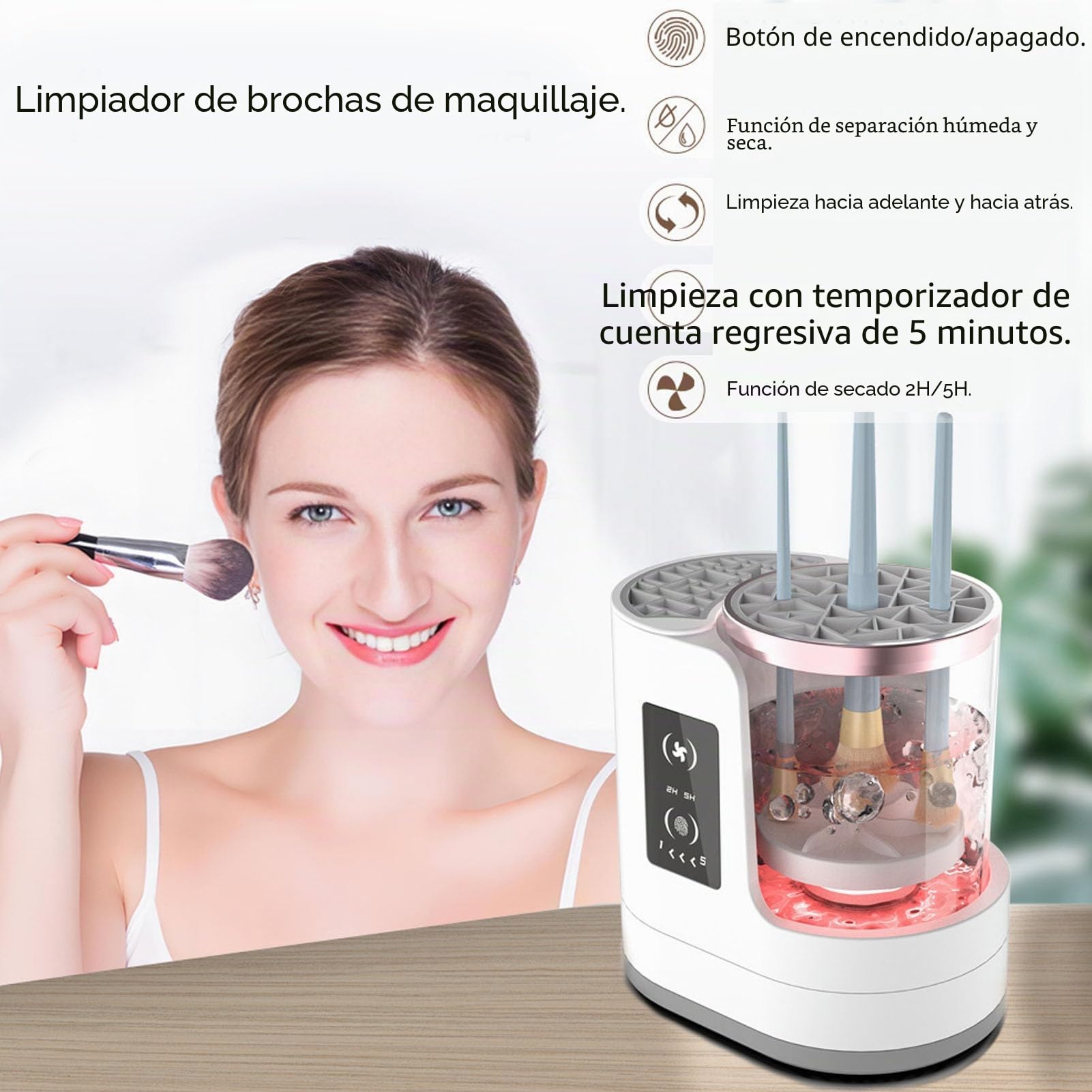Buachois Limpiador de Brochas de Maquillaje Eléctrico, Herramienta Secador Automático de Brochas de Maquillaje de 850 RPM Cargador USB de Tiempo de Secado Rápido 2H 5H Visible para Brochas y Esponjas