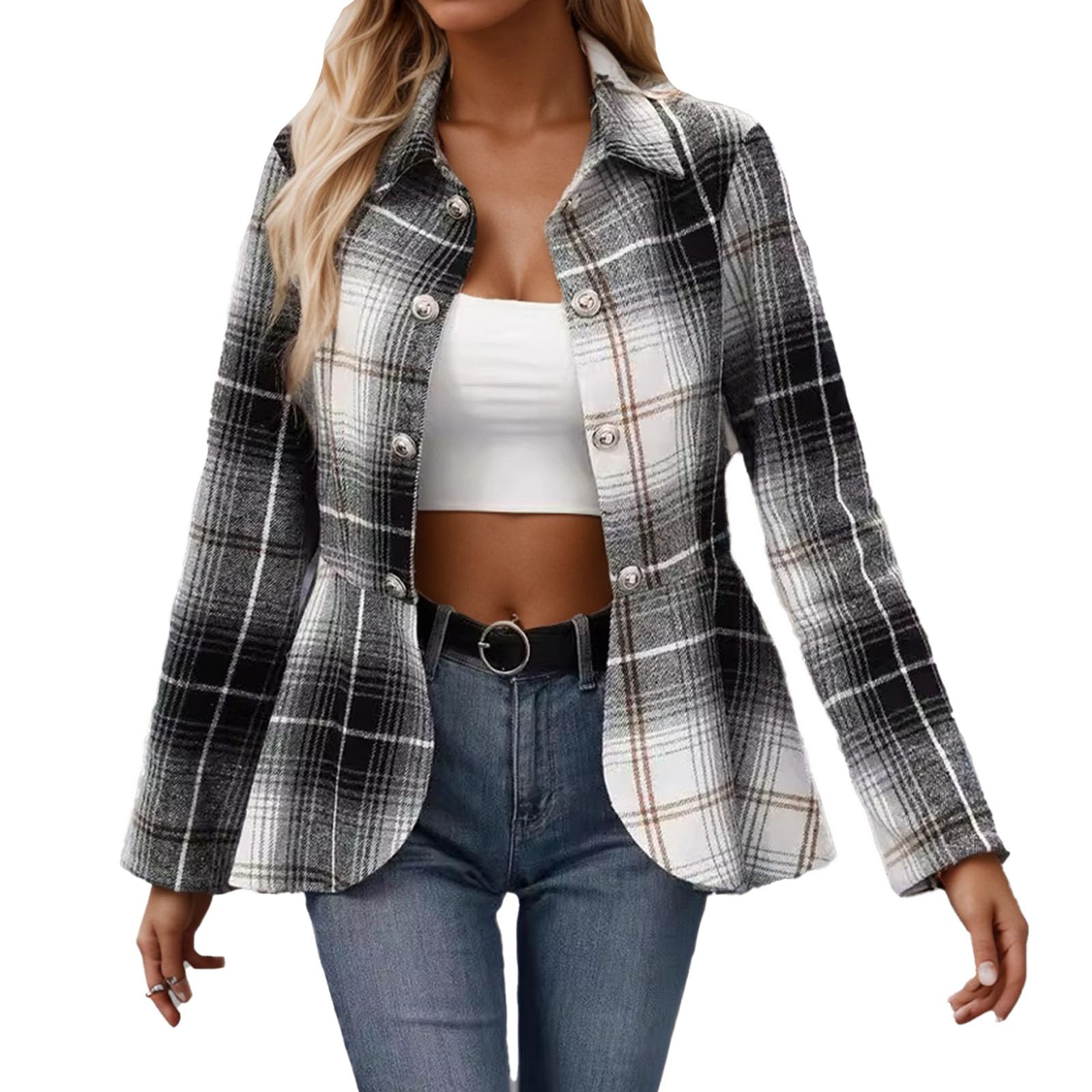 Womens Fitted Open Front Peplum Blazers Dressy Plaid Chevron Flannel Suit Jacket Overcoats Business Casual Outfits for Women