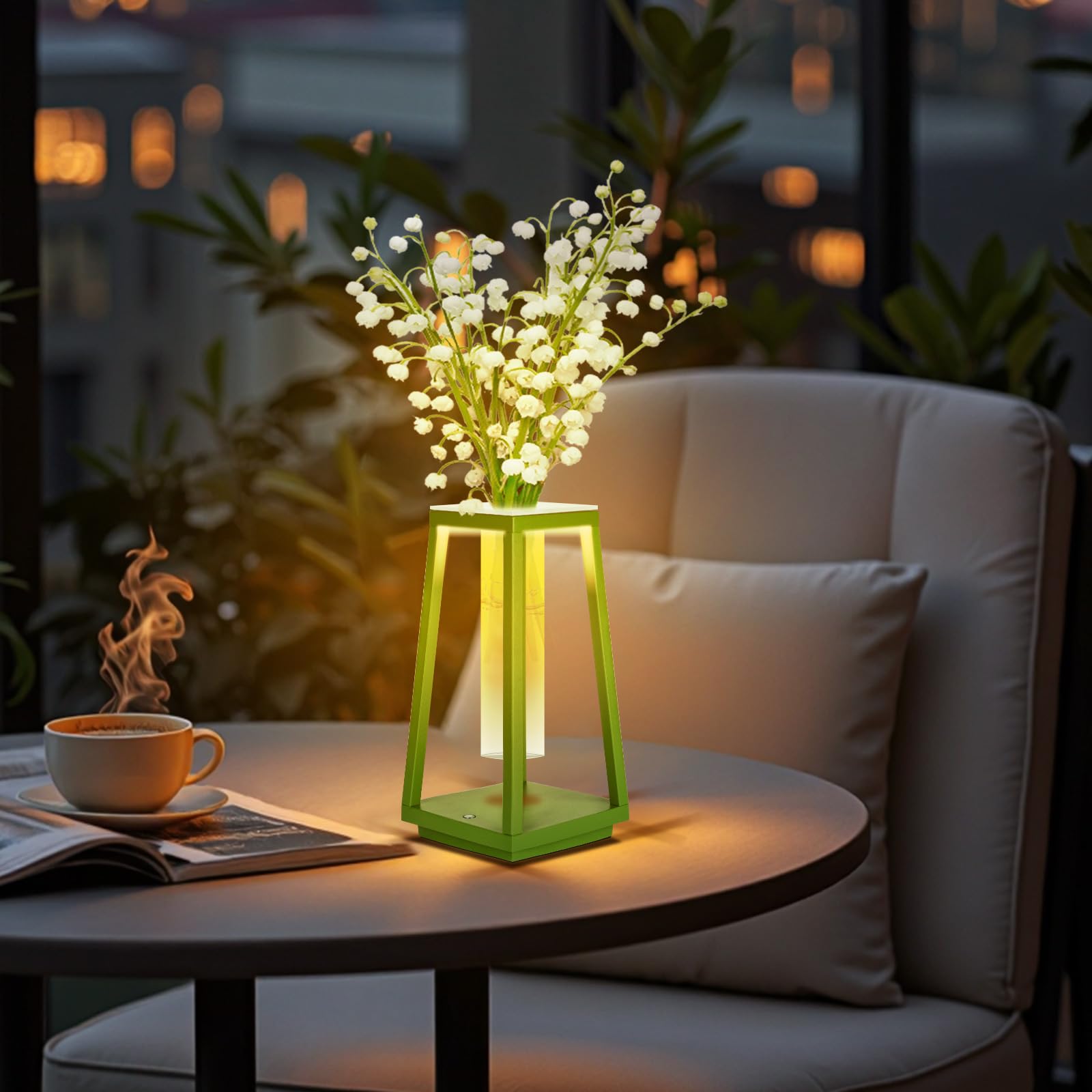 LAVAED Cordless LED Touch Table Lamp,Rechargeable Desk Lamp 4000mAh, 3 Colors Stepless Dimmable Battery Operated Portable Lamp Waterproof Trapezoidal Vase Lamps for Bedroom Decor, Living Room(Green)