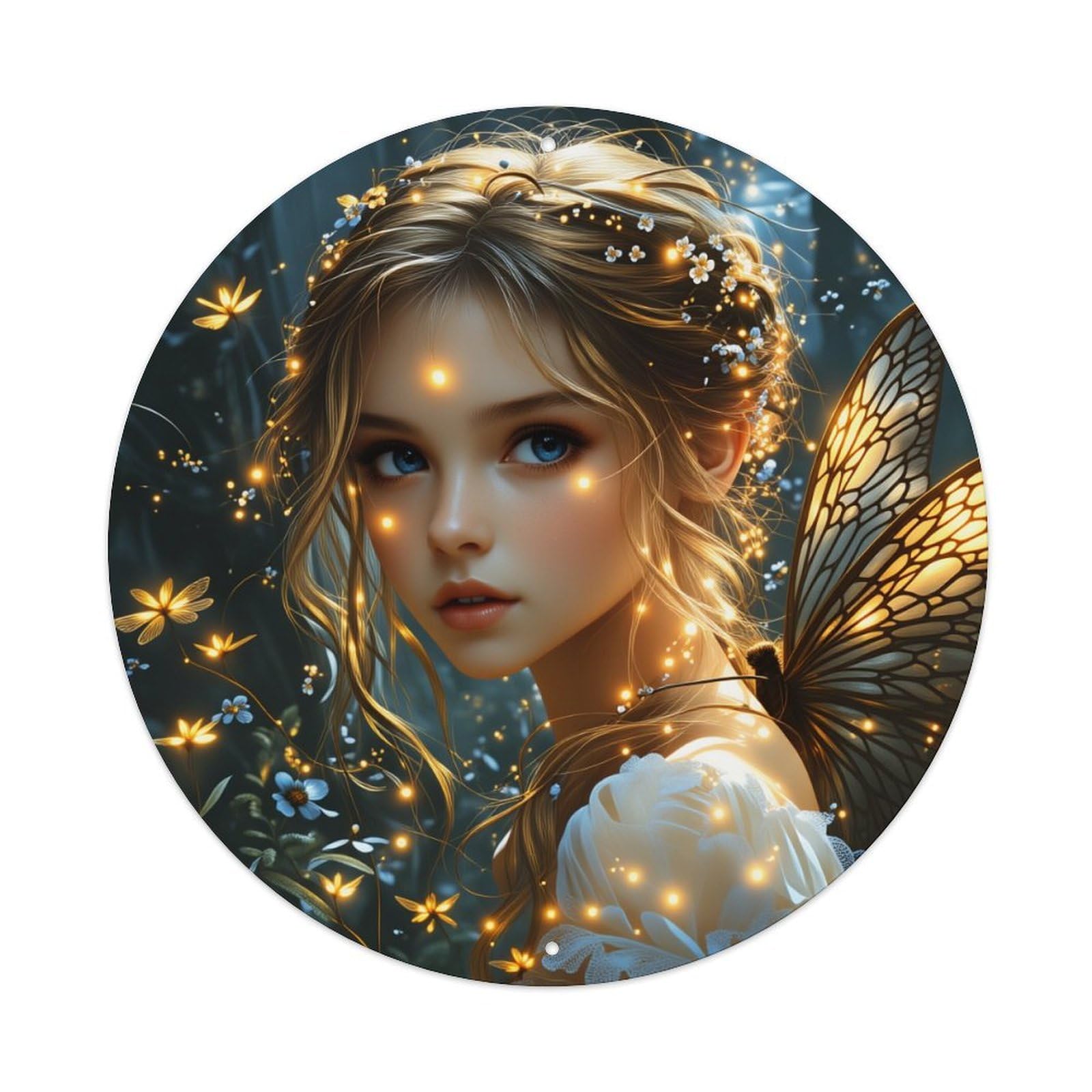 Fairy Wings Flowers Light Sparkles Magic Forest Glow Round Vintage Tin Sign,Retro Wall Art,Metal Poster for Home, Bar, Garage, Cafe, Rustic Indoor & Outdoor Decor, 8x8 Inches