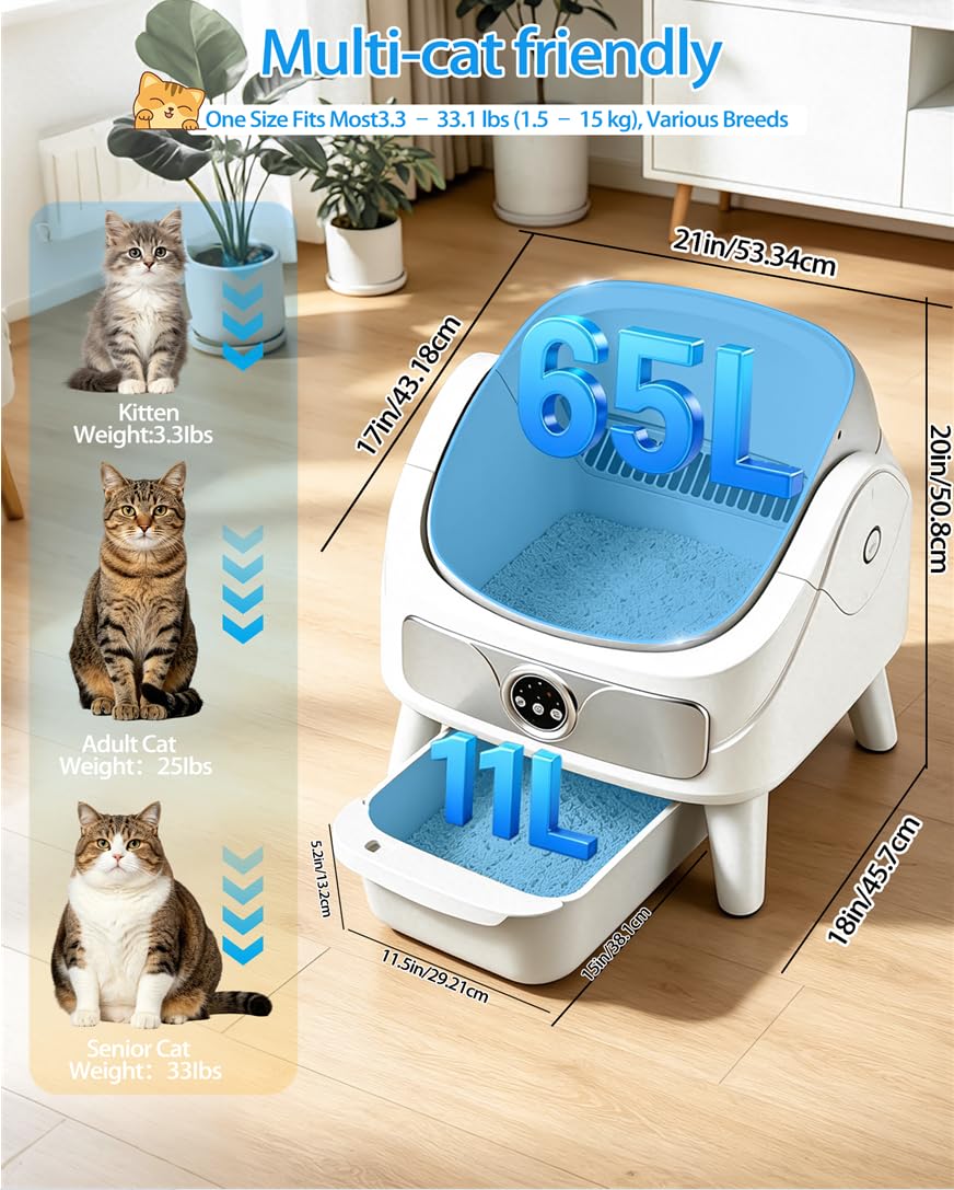 Arenero Gatos Autolimpiable, XXL, App, Limpieza rápida, Higiénico, Seguro | Caixa de Areia para Gatos Automatico, Capacidad Grande, Anti-Fugas, Eliminar Olores, ABS, Duradero, Ligero, para Varios Gato