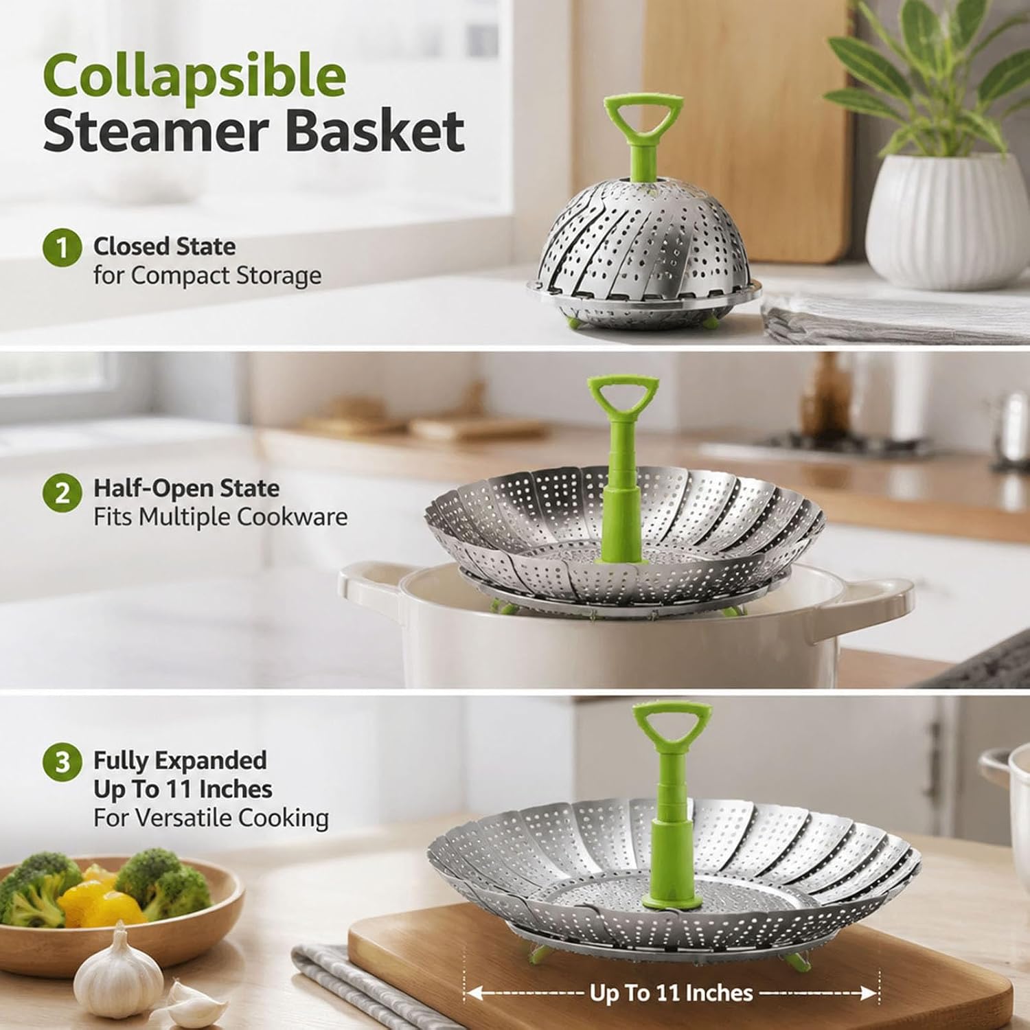 304 Stainless Steel Steamer Insert Compatible with Cuisinart Pots, 11 Inch Collapsible Vegetable Steamer Basket with Green Silicone Handle