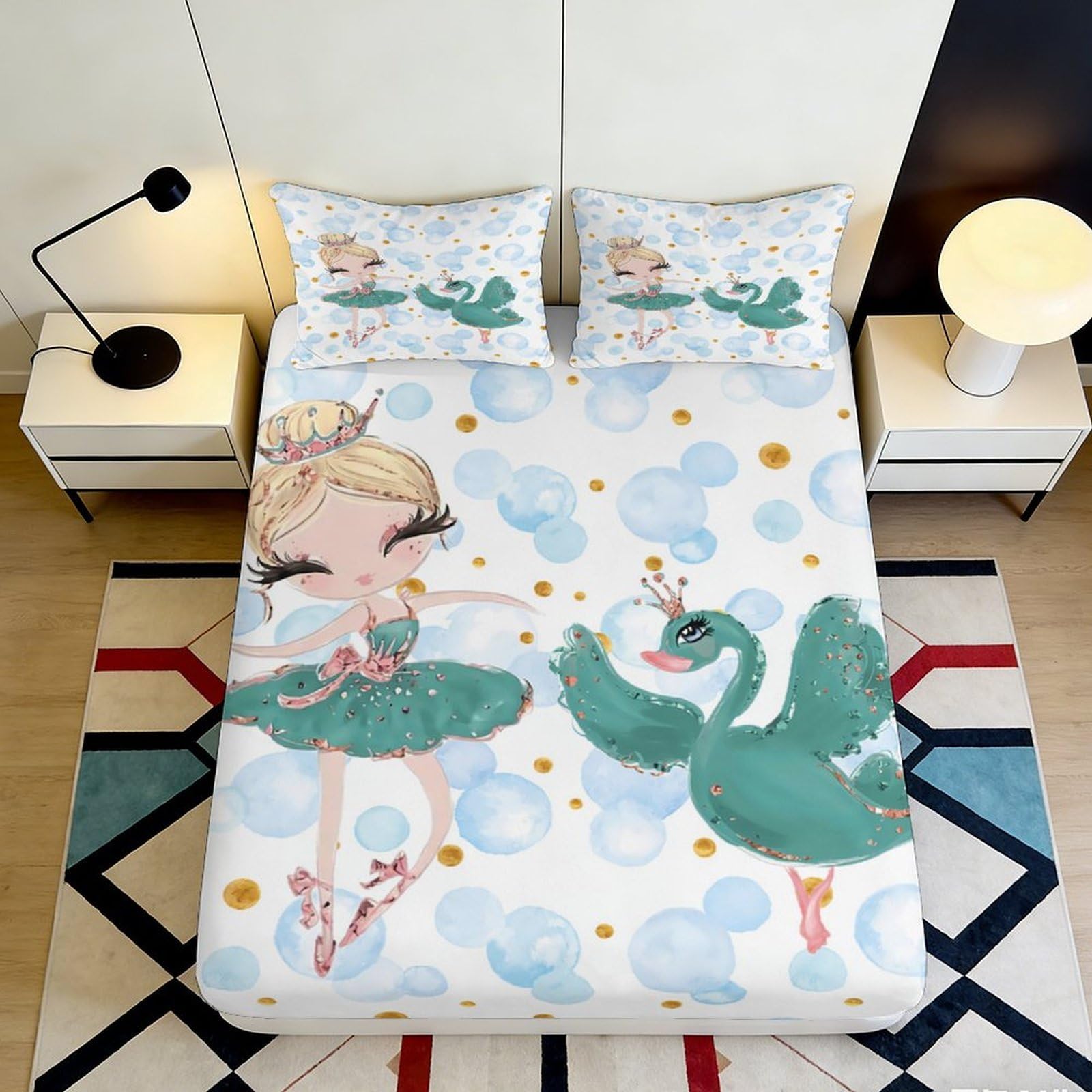 3D Printed Ballerina Swan Fitted Sheet Microfiber Soft Decor Bed Cover for Bedroom Guest Room Dorm Protection 90x200x25cm