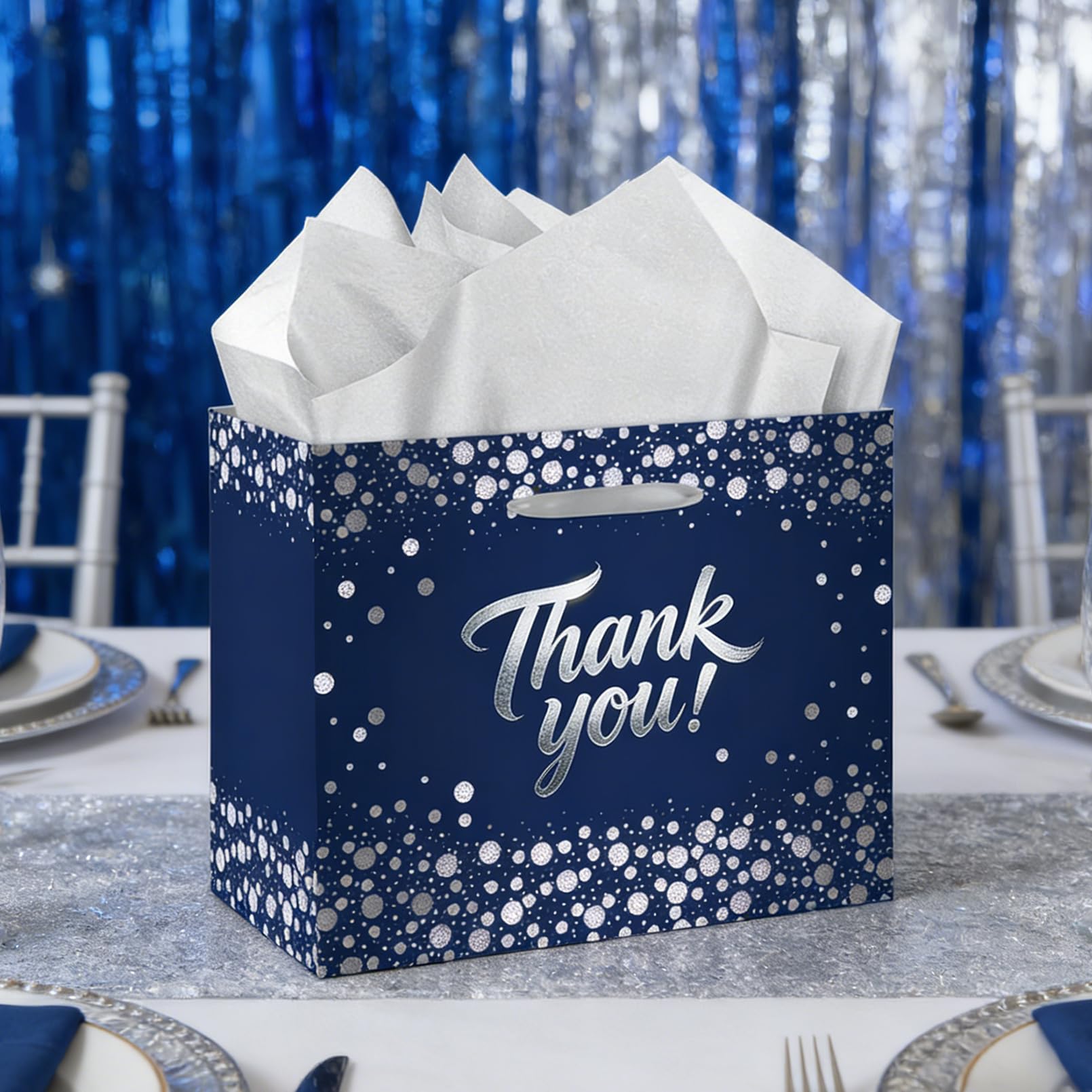 Large Thank You Gift Bag - Blue Silver Gift Wrapping Paper Bag with Tissue Paper and Greeting Card with Envelope - Elegant Silver Foil Design for Weddings, Baby Showers, Graduation, and Corporate Events