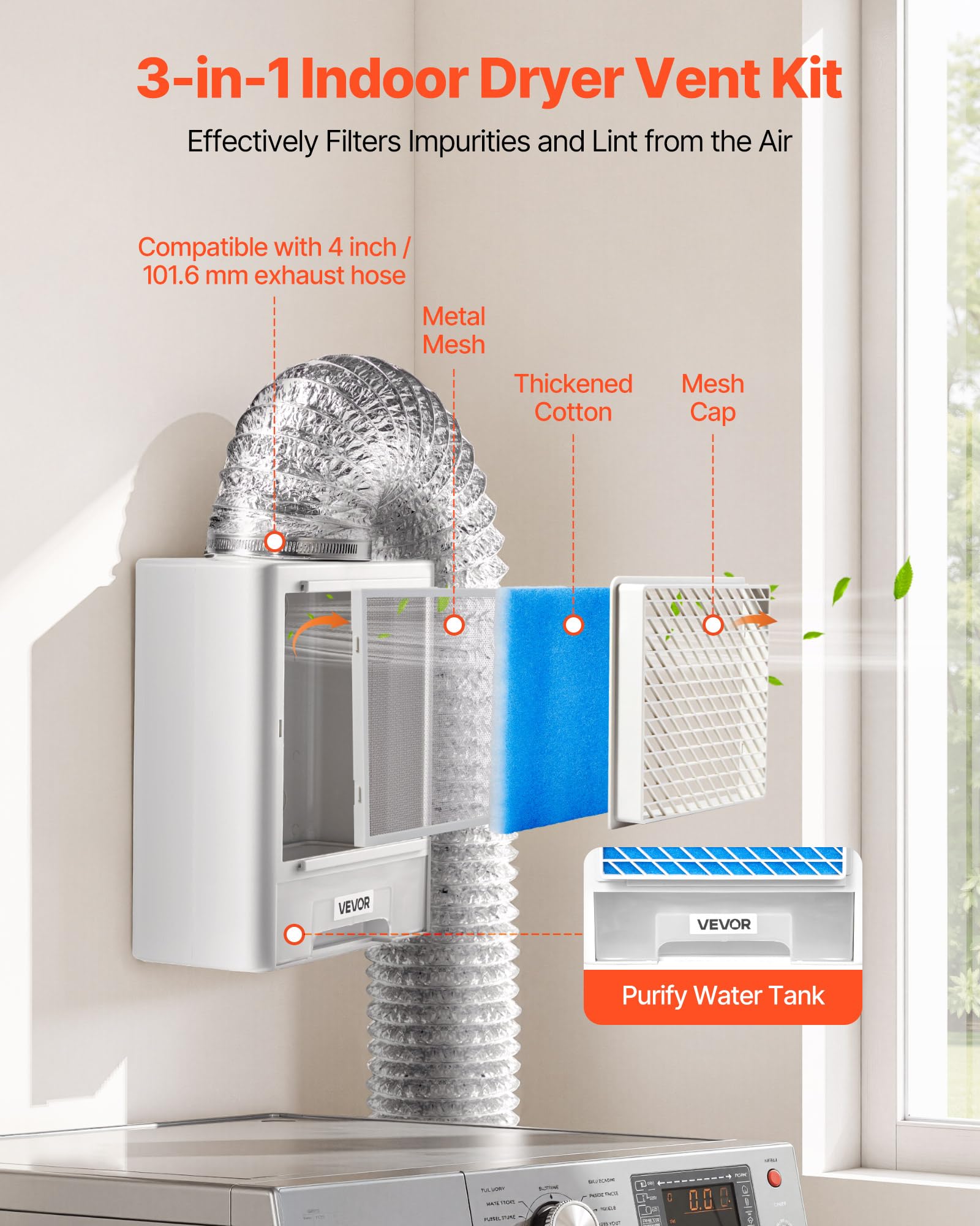 VEVOR 3-in-1-Trockner-Entlüftungsset für den Innenbereich, ABS-Material mit Wasserschublade, passend für 99 mm Auslassanschluss, Dunstabzugshaube mit Überhitzungserinnerung & 4 Reinigungspads